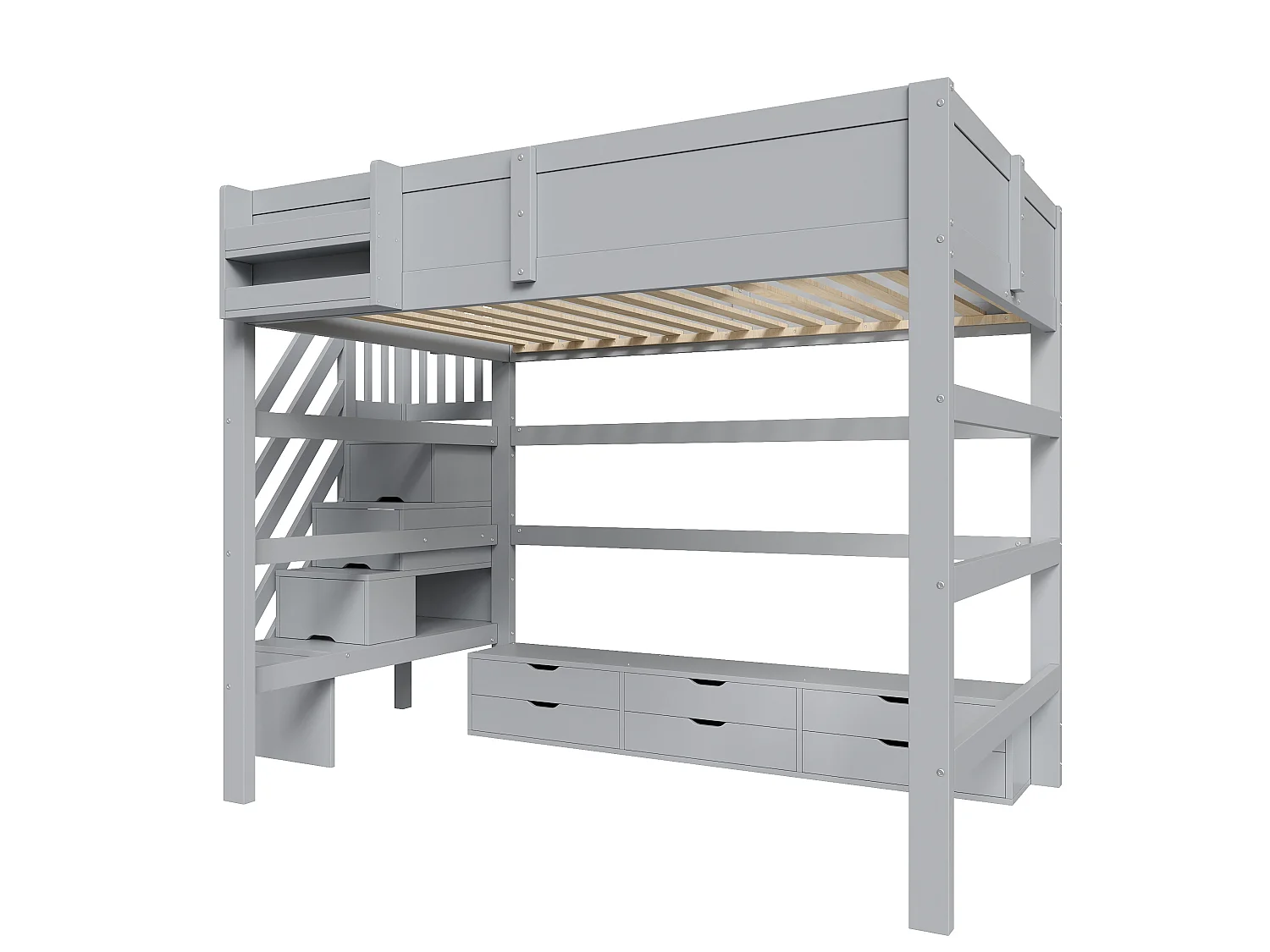 Lit mezzanine en bois 140x200 cm - Avec 6 tiroirs, escalier de rangement et barrières de sécurité - MDF - Gris (sans matelas)