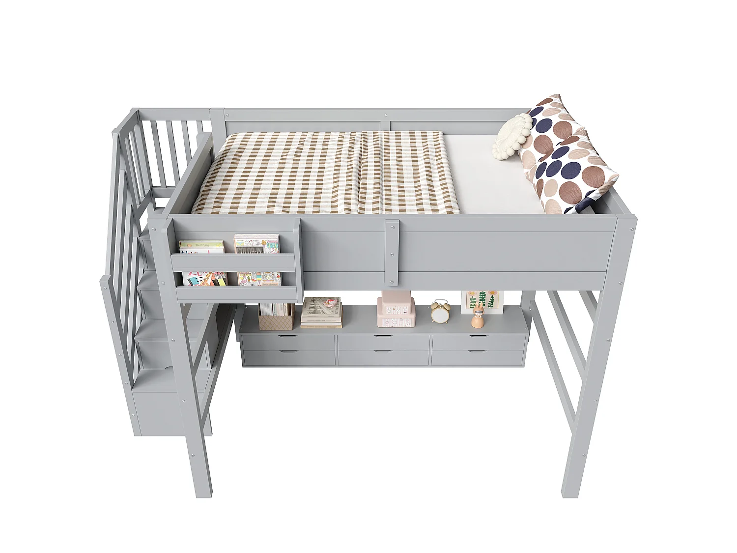 Lit mezzanine en bois 140x200 cm - Avec 6 tiroirs, escalier de rangement et barrières de sécurité - MDF - Gris (sans matelas)