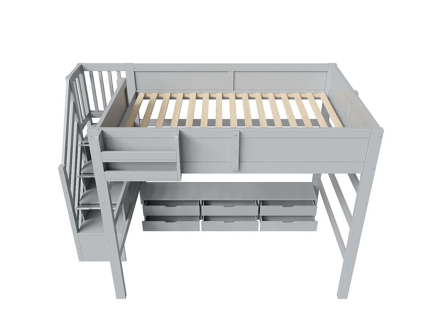 Lit mezzanine en bois 140x200 cm - Avec 6 tiroirs, escalier de rangement et barrières de sécurité - MDF - Gris (sans matelas)