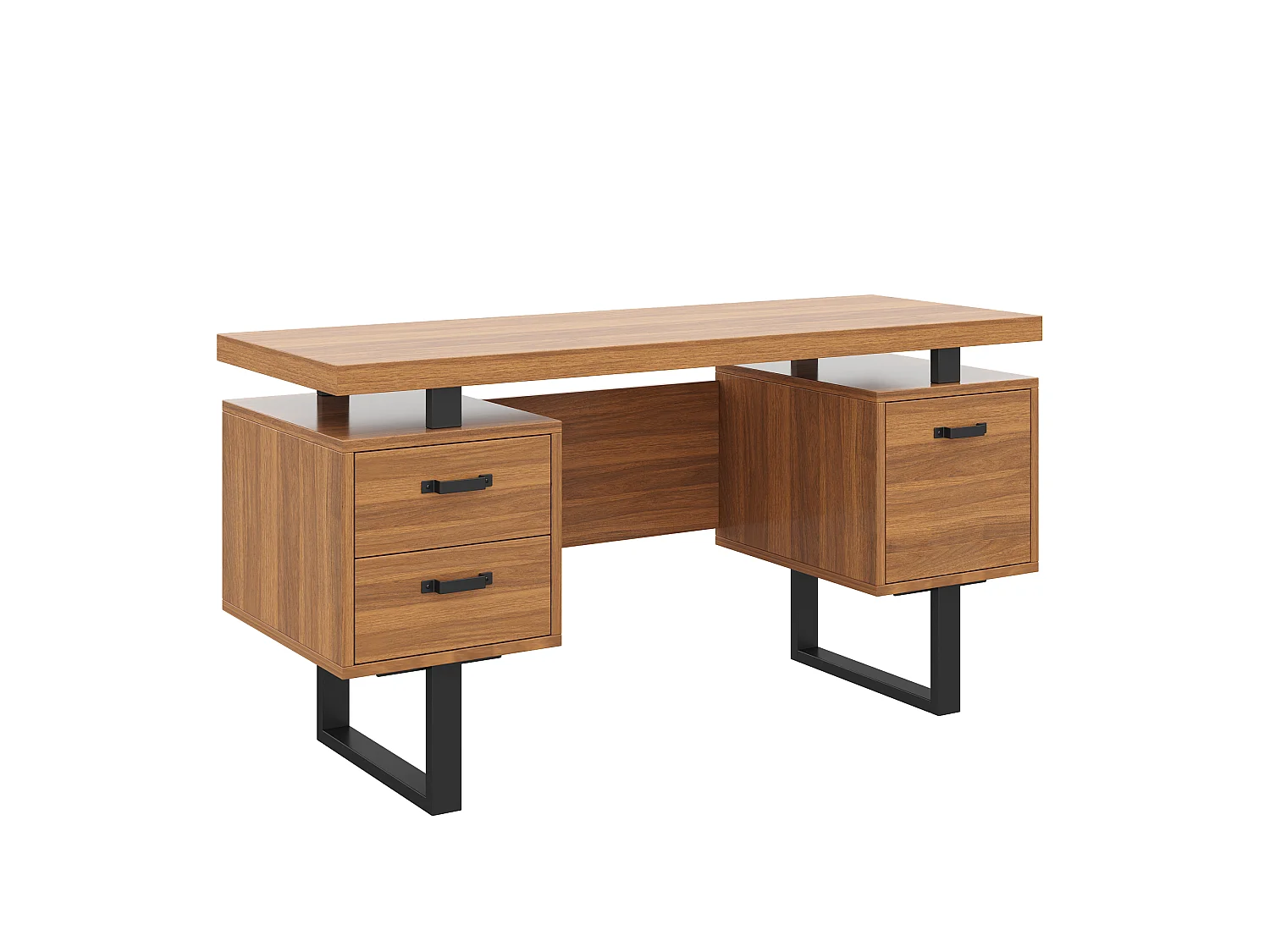 Biurko nowoczesne 135x54x76cm - Z 3 szufladami - Przestronny blat - MDF i stal - Wykończenie imitujące orzech - Brązowy