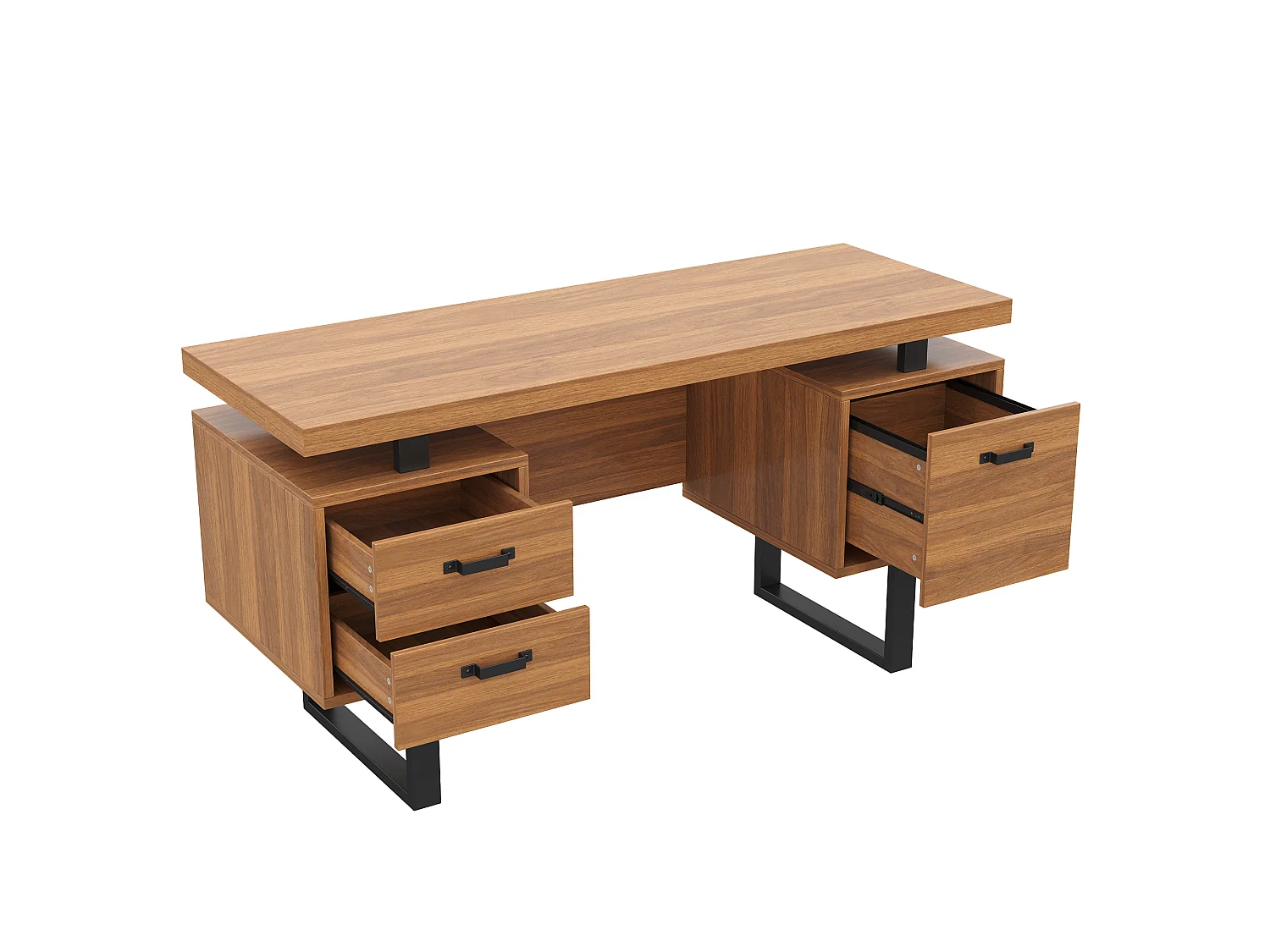 Biurko nowoczesne 135x54x76cm - Z 3 szufladami - Przestronny blat - MDF i stal - Wykończenie imitujące orzech - Brązowy