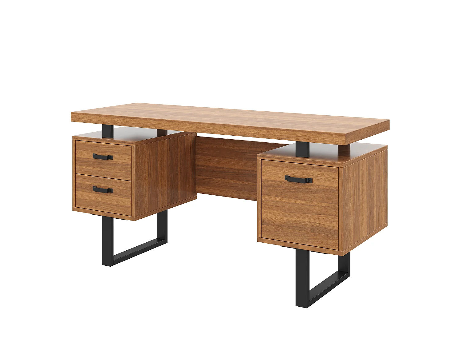 Biurko nowoczesne 135x54x76cm - Z 3 szufladami - Przestronny blat - MDF i stal - Wykończenie imitujące orzech - Brązowy