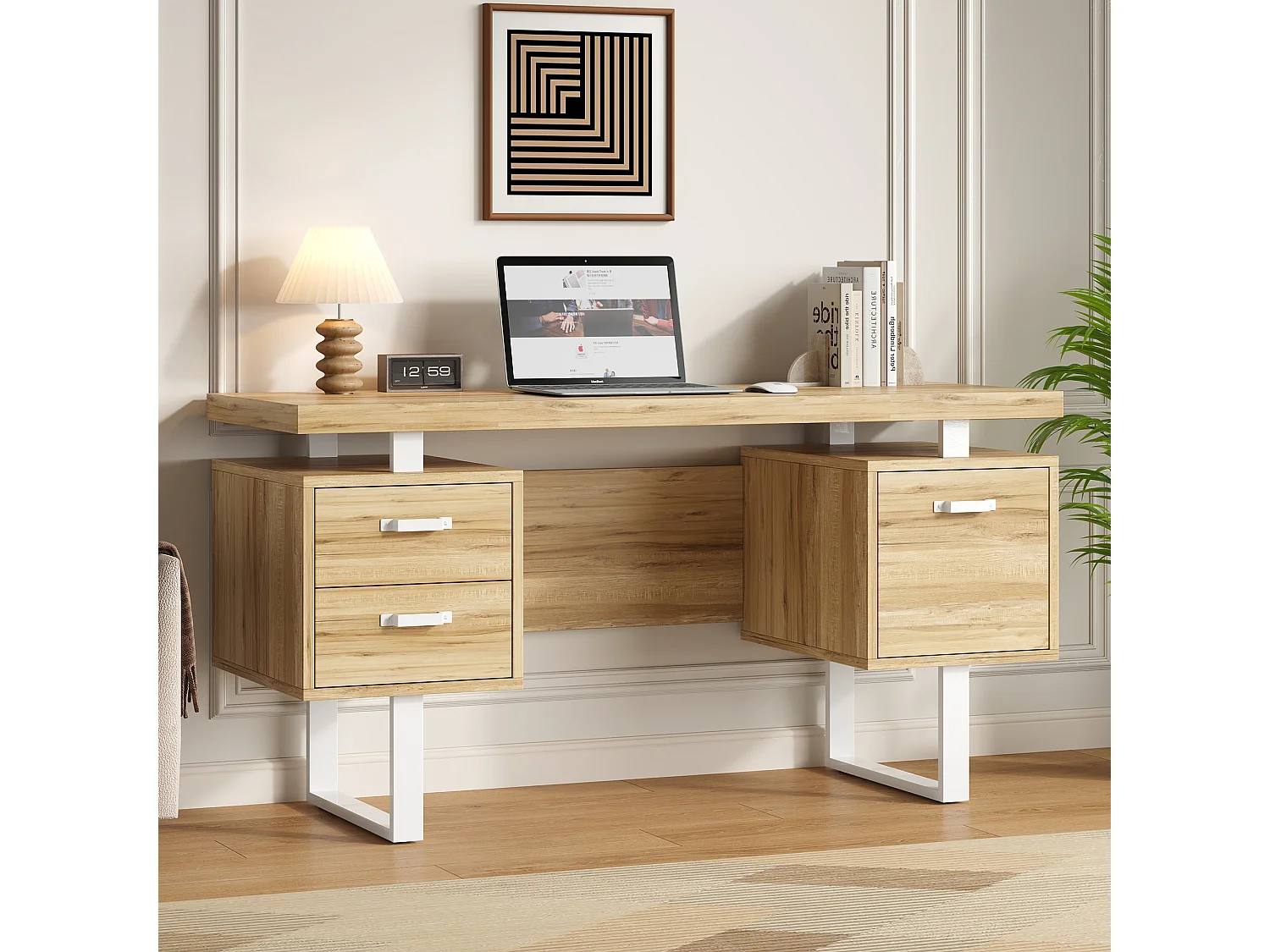 Bureau moderne 135x54x76cm - Avec 3 tiroirs - Plateau spacieux - MDF et acier - Finition effet noyer - Naturel