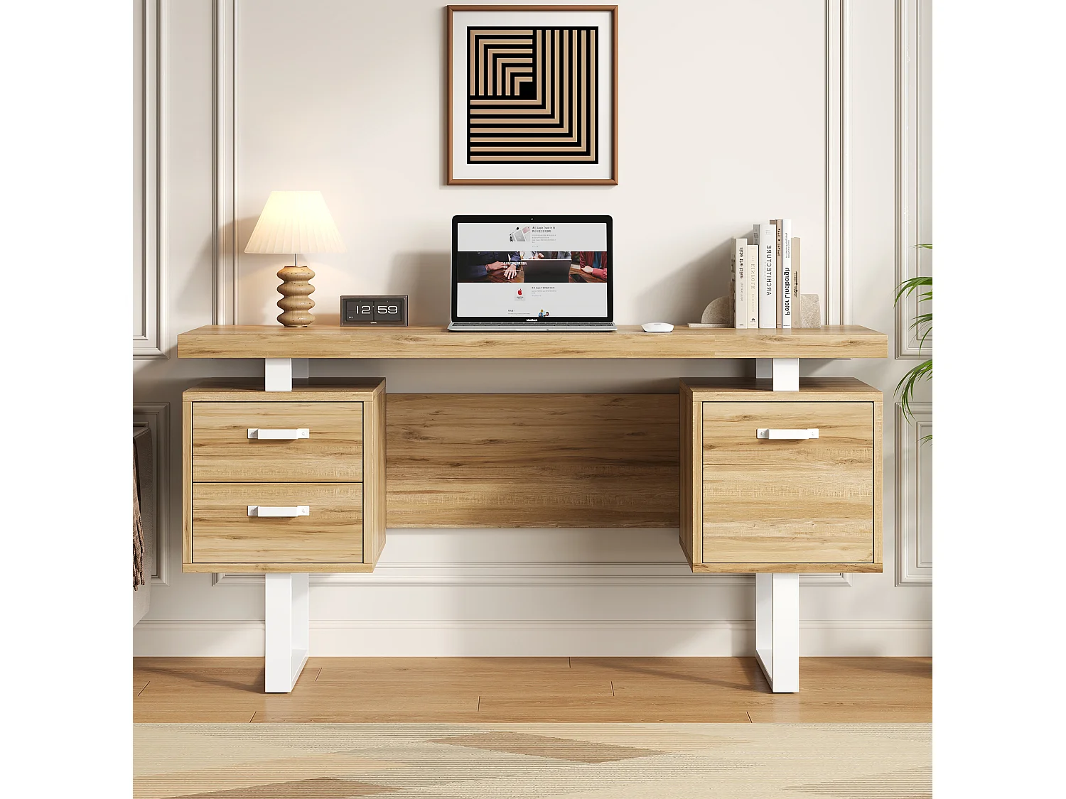 Bureau moderne 135x54x76cm - Avec 3 tiroirs - Plateau spacieux - MDF et acier - Finition effet noyer - Naturel