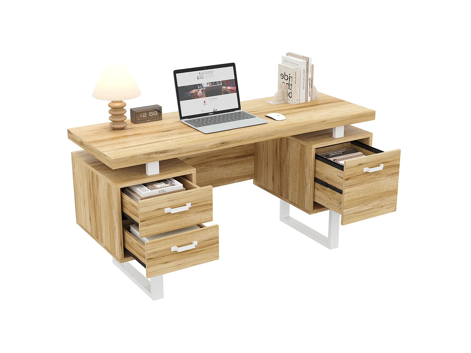 Bureau moderne 135x54x76cm - Avec 3 tiroirs - Plateau spacieux - MDF et acier - Finition effet noyer - Naturel