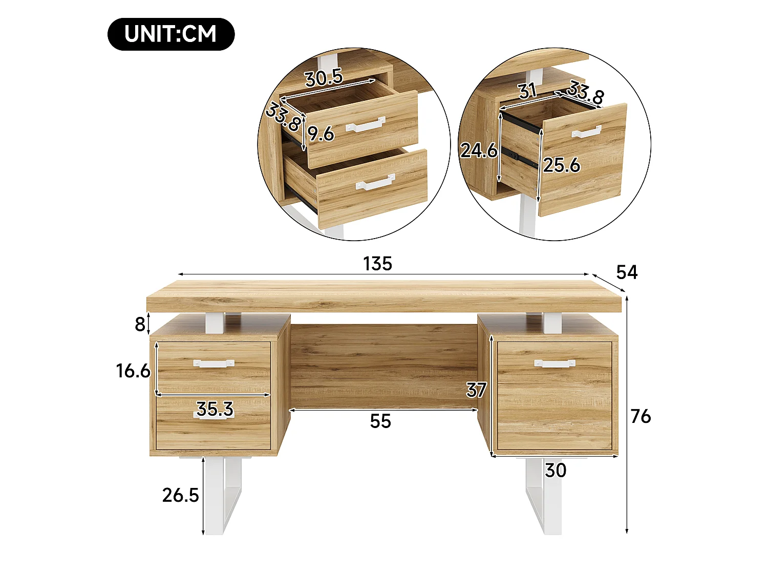 Bureau moderne 135x54x76cm - Avec 3 tiroirs - Plateau spacieux - MDF et acier - Finition effet noyer - Naturel