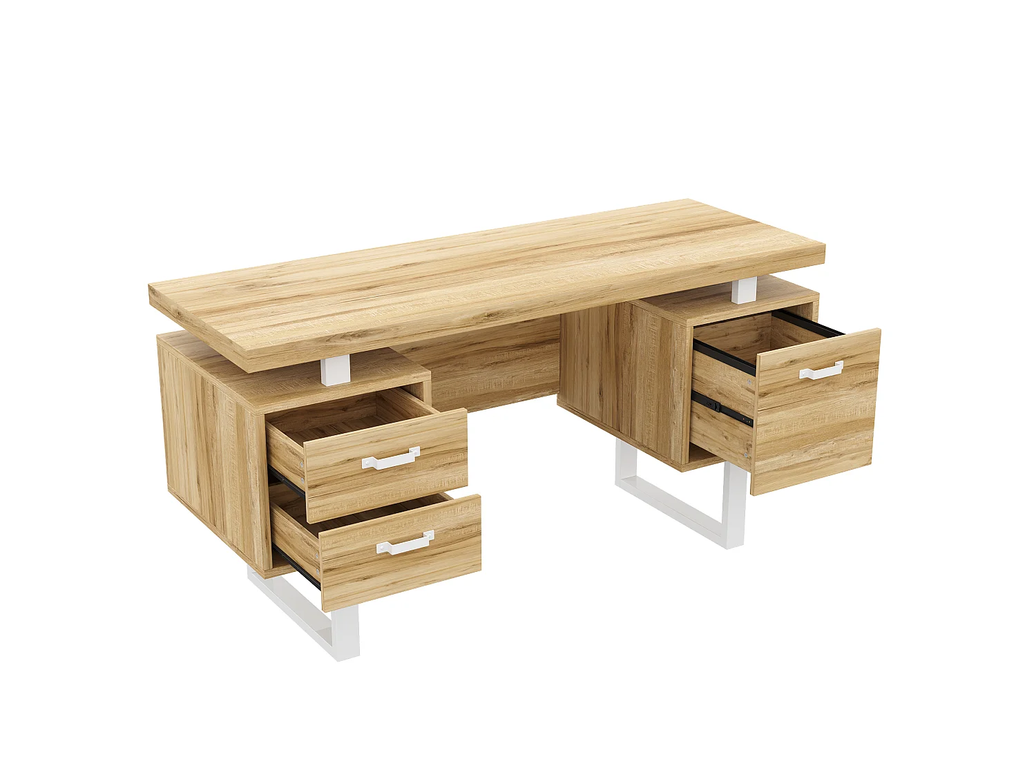Bureau moderne 135x54x76cm - Avec 3 tiroirs - Plateau spacieux - MDF et acier - Finition effet noyer - Naturel