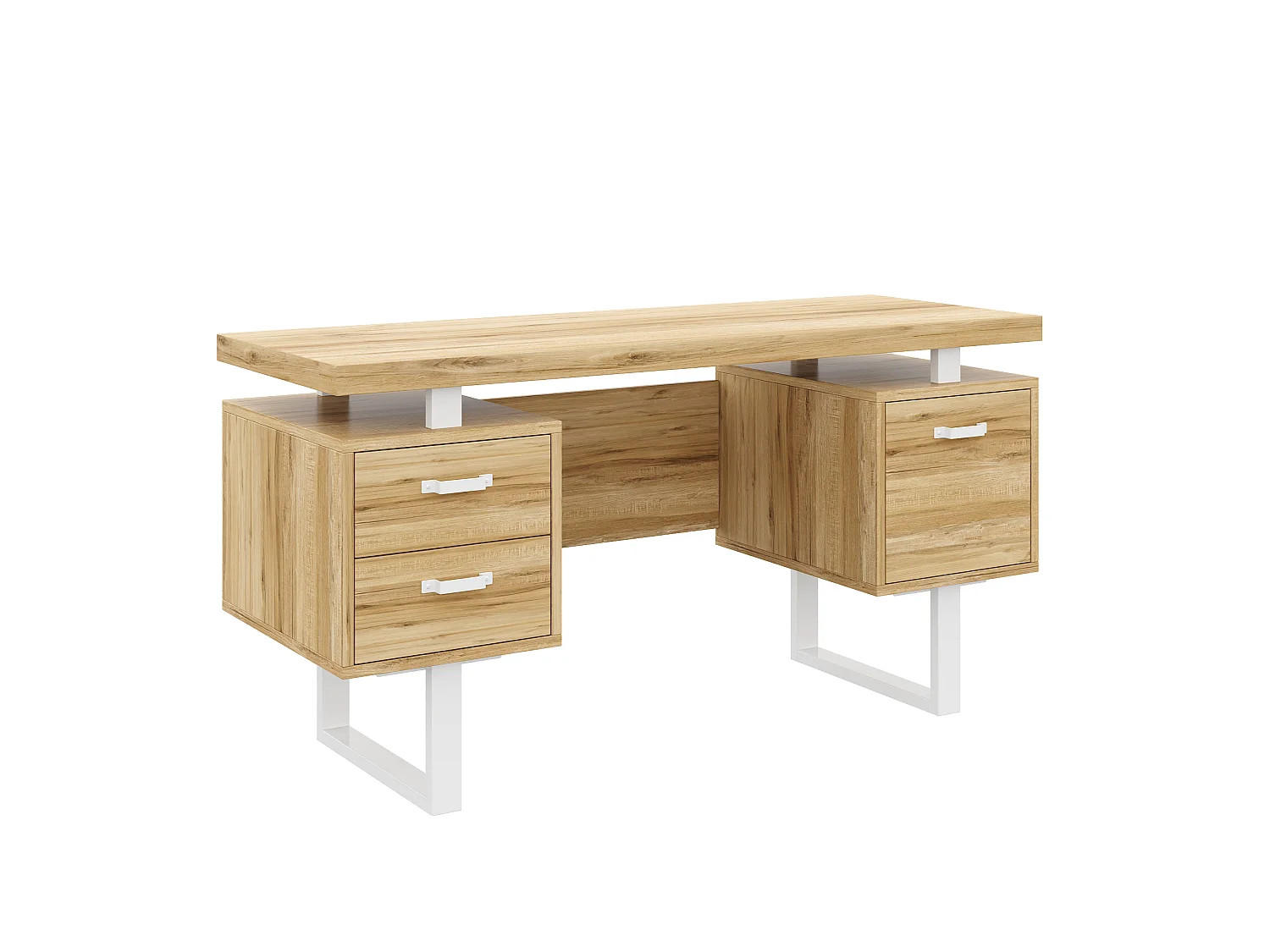 Bureau moderne 135x54x76cm - Avec 3 tiroirs - Plateau spacieux - MDF et acier - Finition effet noyer - Naturel