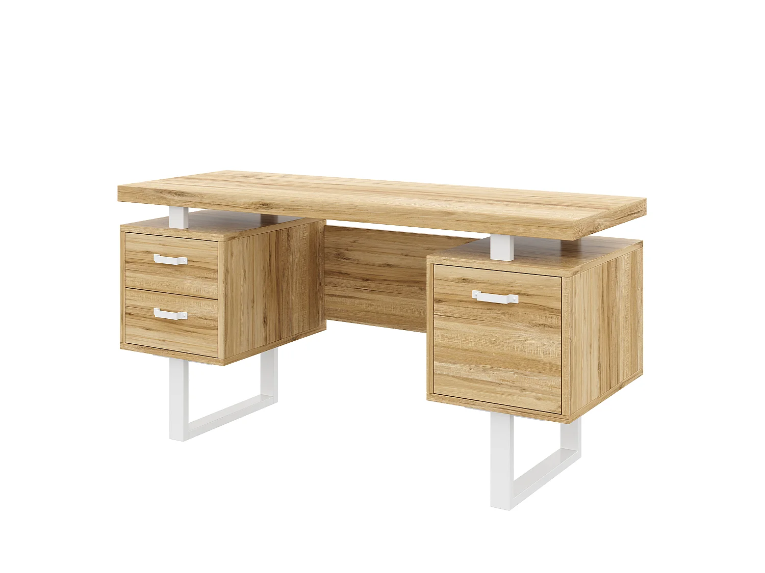 Bureau moderne 135x54x76cm - Avec 3 tiroirs - Plateau spacieux - MDF et acier - Finition effet noyer - Naturel