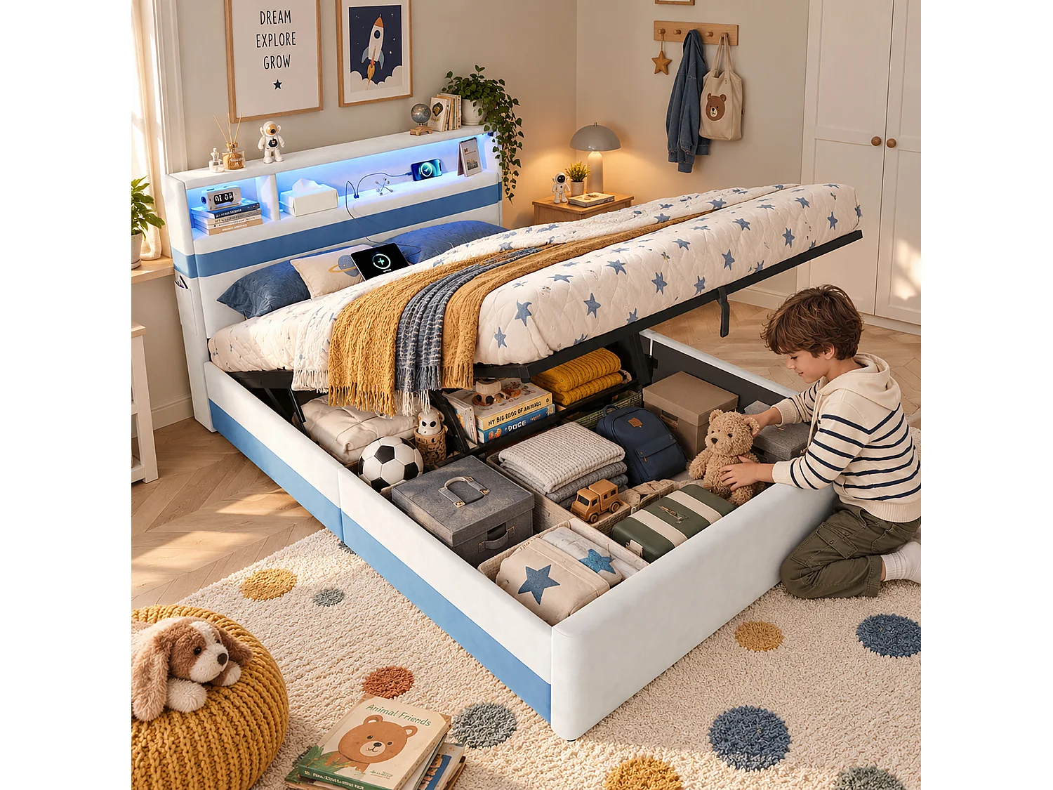 Lit coffre pour enfants 140x200cm - avec éclairage LED et un port de charge USB - tissu velours - Blanc + Bleu (sans matelas)