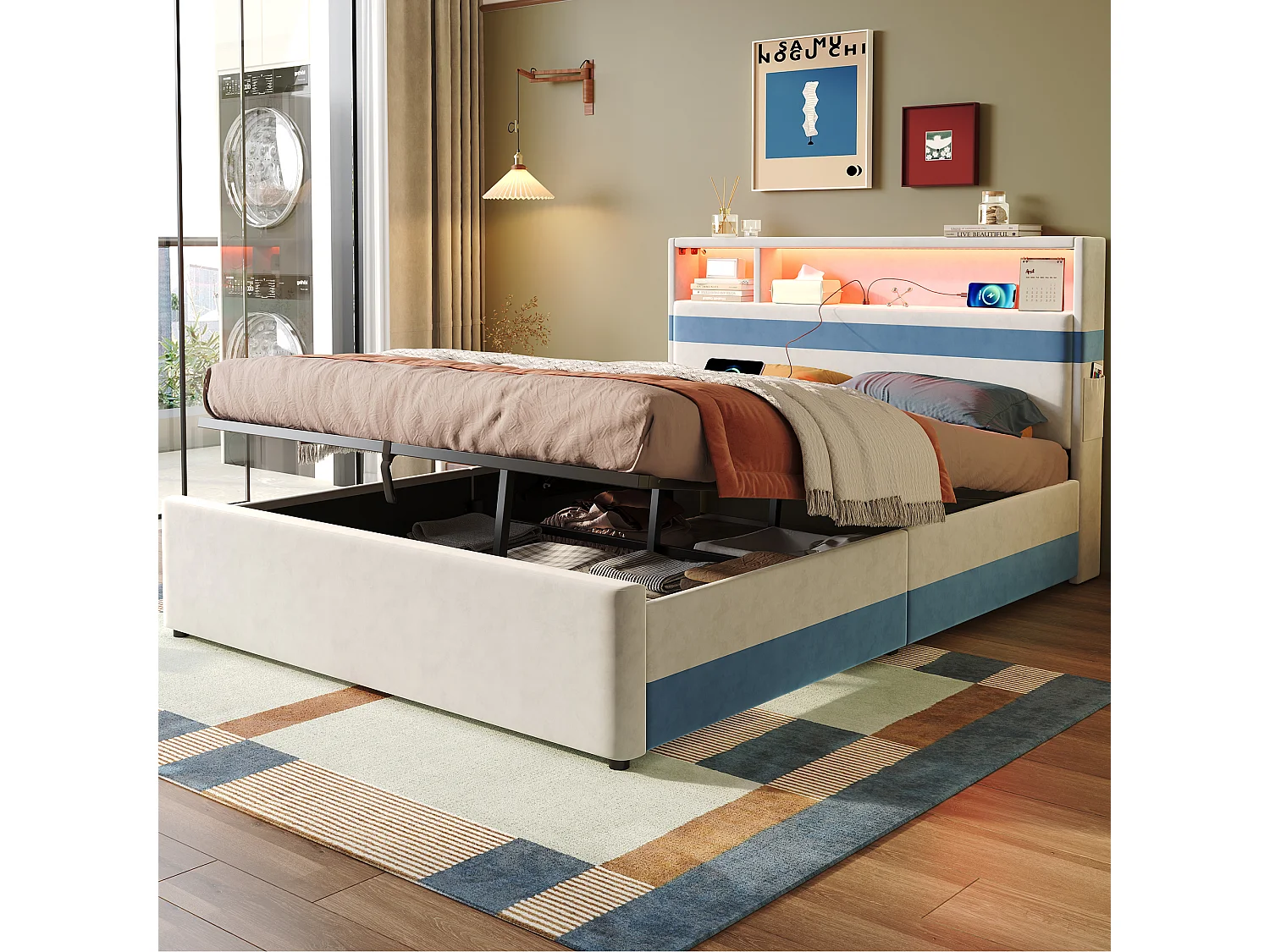 Lit coffre pour enfants 140x200cm - avec éclairage LED et un port de charge USB - tissu velours - Blanc + Bleu (sans matelas)