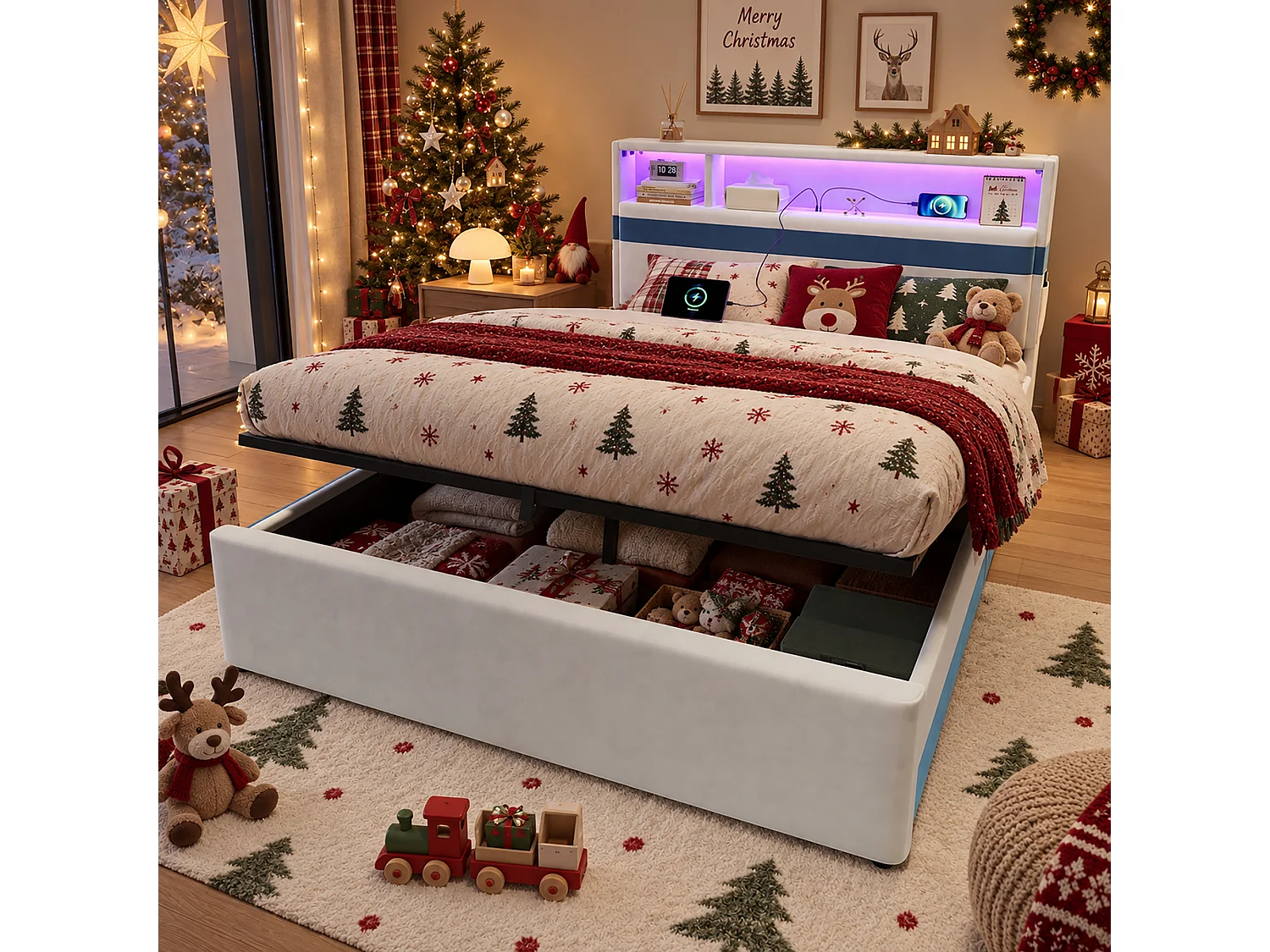 Lit coffre pour enfants 140x200cm - avec éclairage LED et un port de charge USB - tissu velours - Blanc + Bleu (sans matelas)