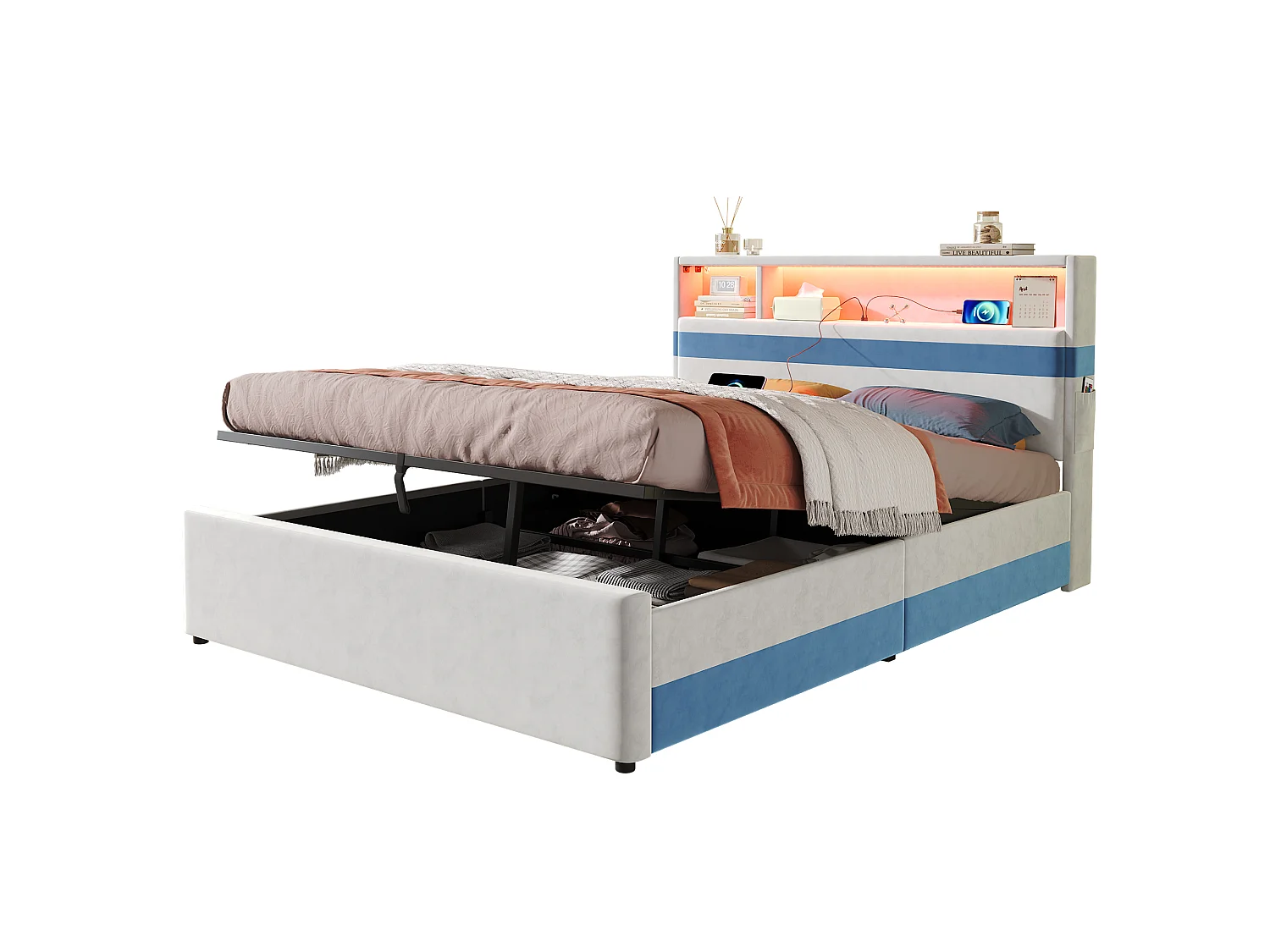 Lit coffre pour enfants 140x200cm - avec éclairage LED et un port de charge USB - tissu velours - Blanc + Bleu (sans matelas)