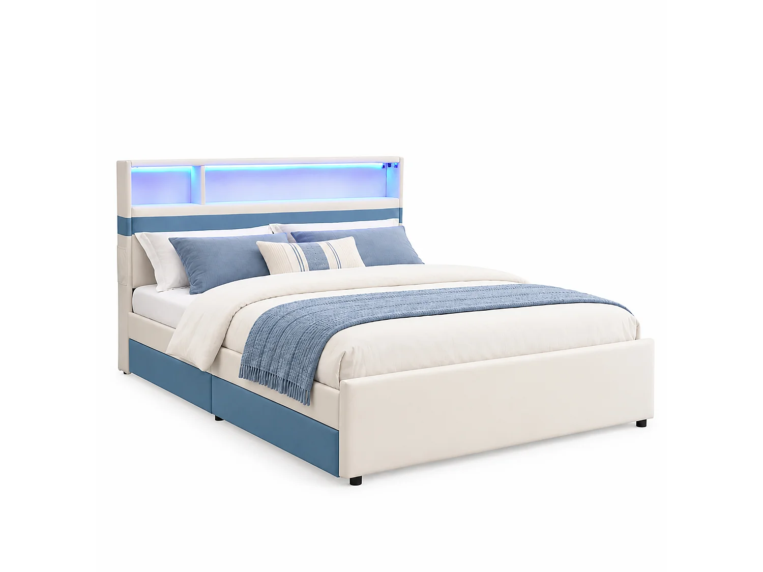 Lit coffre pour enfants 140x200cm - avec éclairage LED et un port de charge USB - tissu velours - Blanc + Bleu (sans matelas)