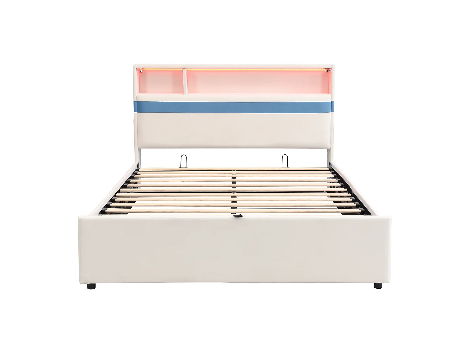 Lit coffre pour enfants 140x200cm - avec éclairage LED et un port de charge USB - tissu velours - Blanc + Bleu (sans matelas)