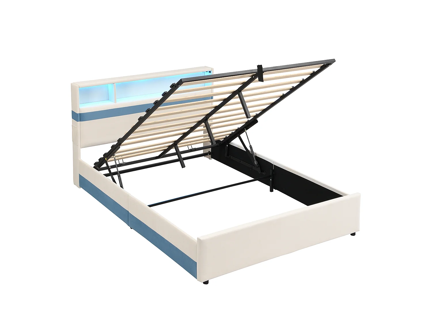 Lit coffre pour enfants 140x200cm - avec éclairage LED et un port de charge USB - tissu velours - Blanc + Bleu (sans matelas)