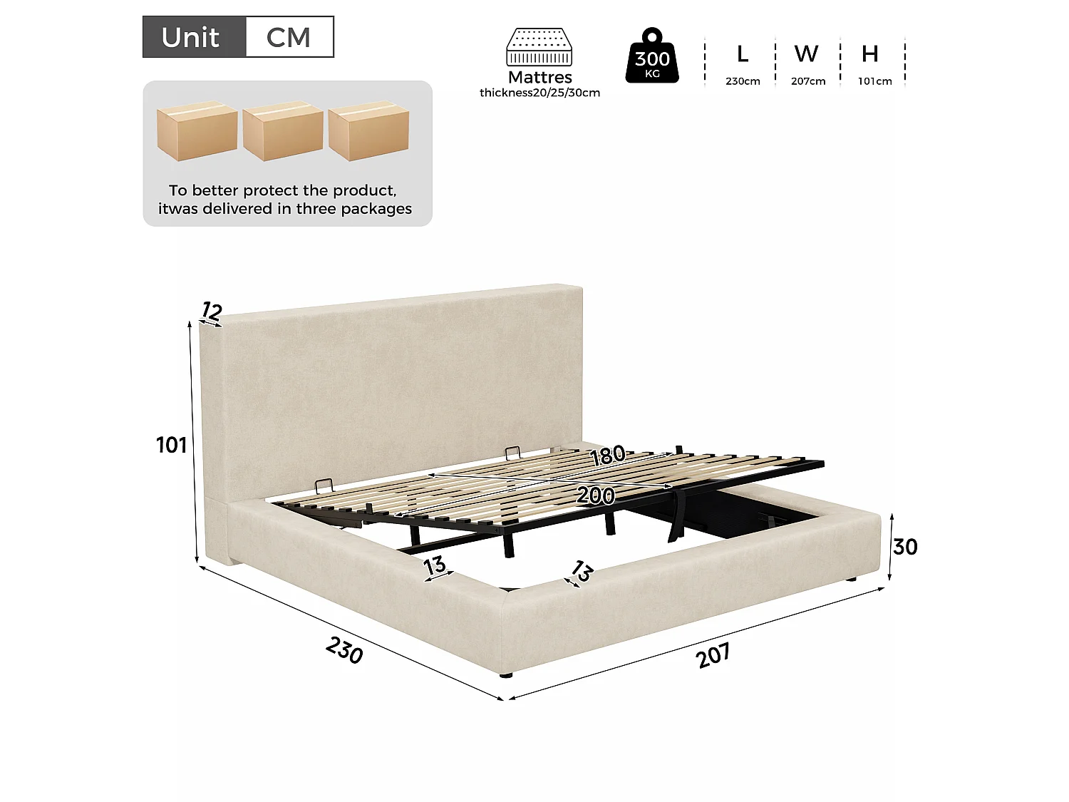 Lit coffre capitonné 180 x 200 cm - avec tête de lit capitonnée et sommier à lattes - Tissu chenille - Beige (matelas non inclus)