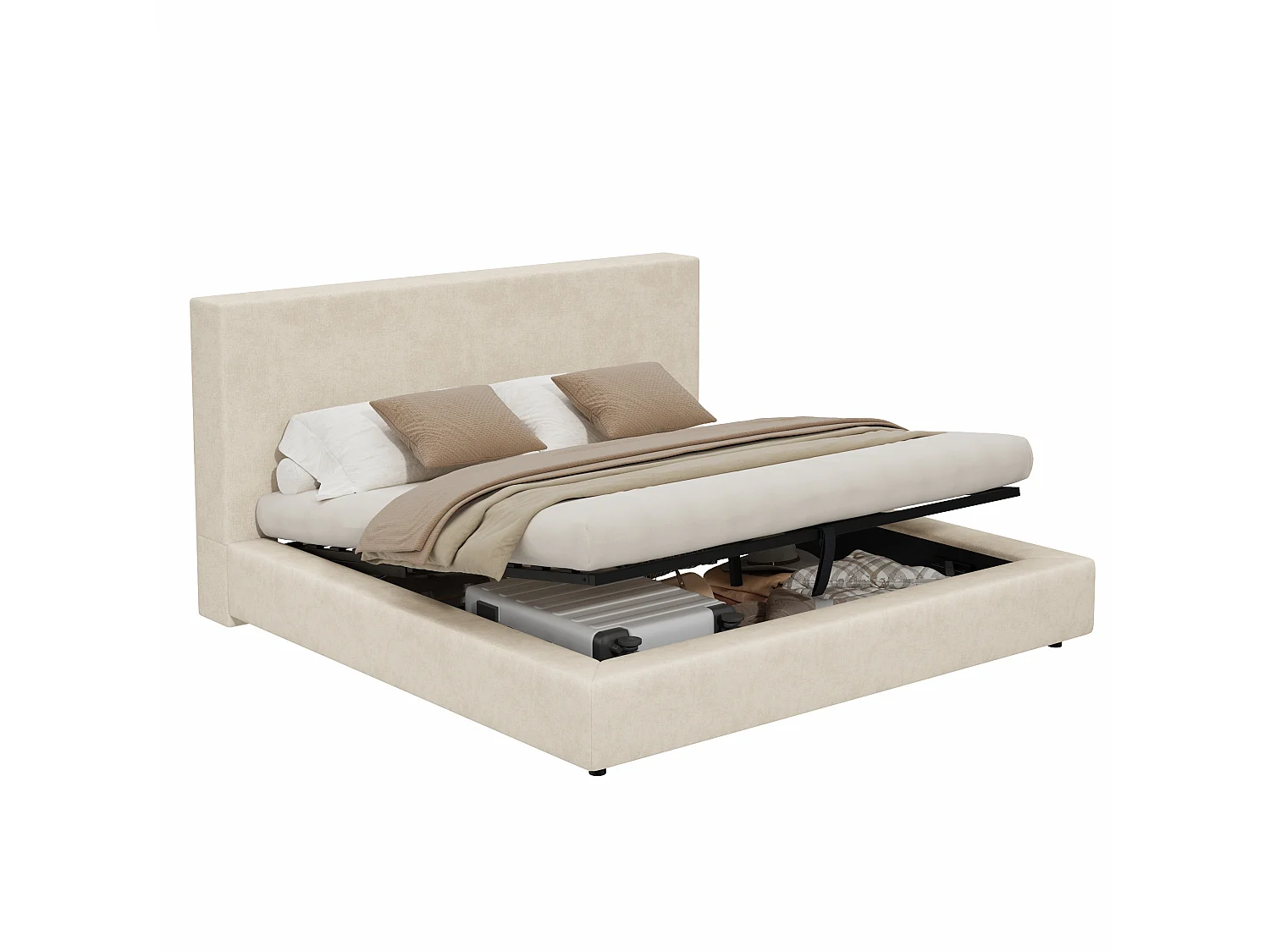 Lit coffre capitonné 180 x 200 cm - avec tête de lit capitonnée et sommier à lattes - Tissu chenille - Beige (matelas non inclus)