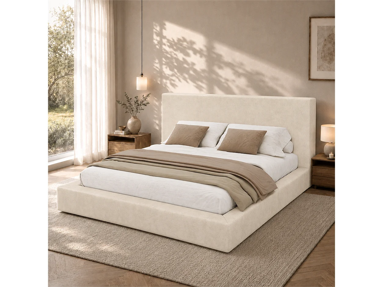 Lit coffre capitonné 180 x 200 cm - avec tête de lit capitonnée et sommier à lattes - Tissu chenille - Beige (matelas non inclus)
