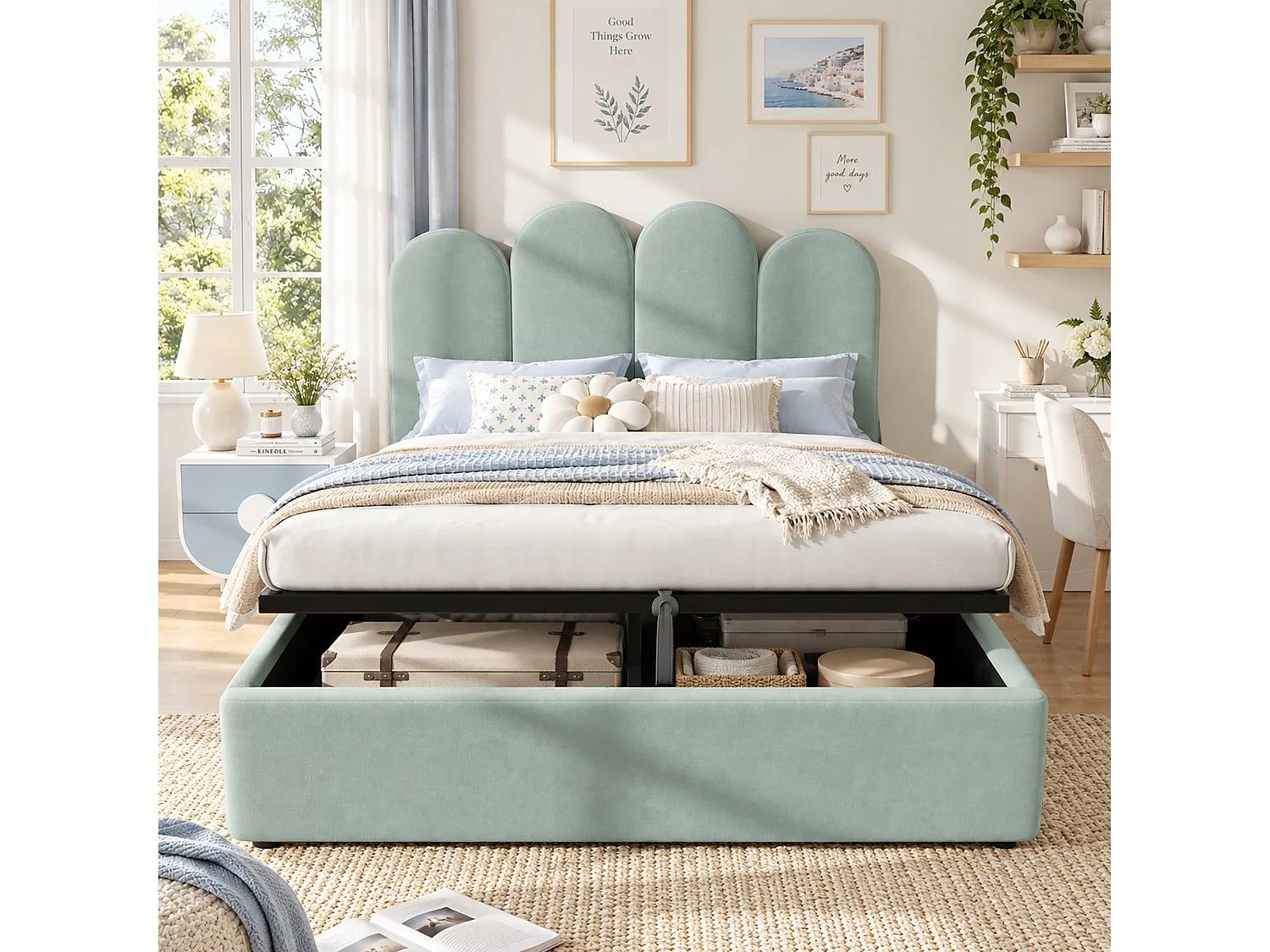 Lit coffre pour enfants 140x200cm - espace de rangement de grande capacité - avec sommier à lattes - tissu velours - vert clair (sans matelas)