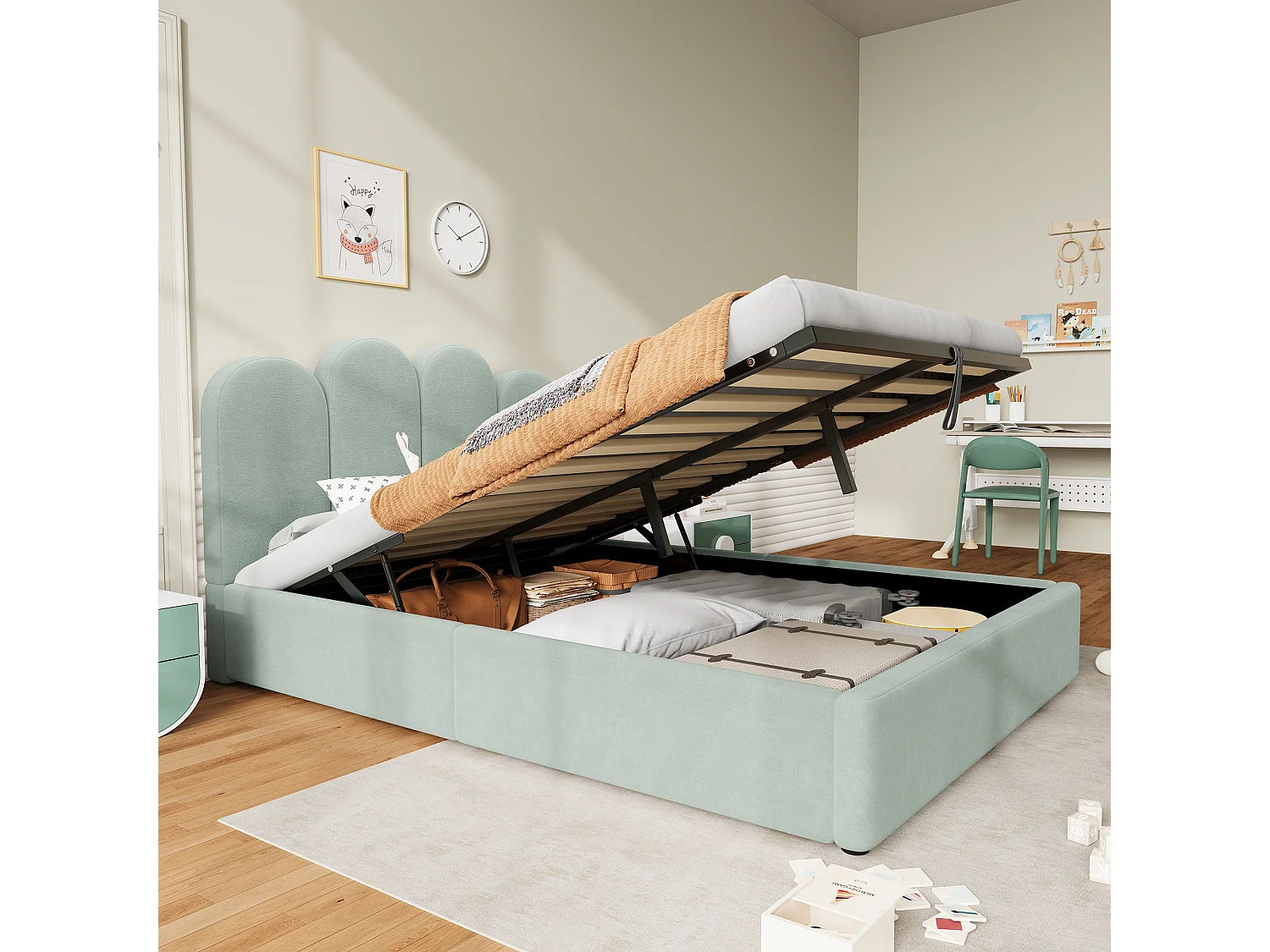 Lit coffre pour enfants 140x200cm - espace de rangement de grande capacité - avec sommier à lattes - tissu velours - vert clair (sans matelas)