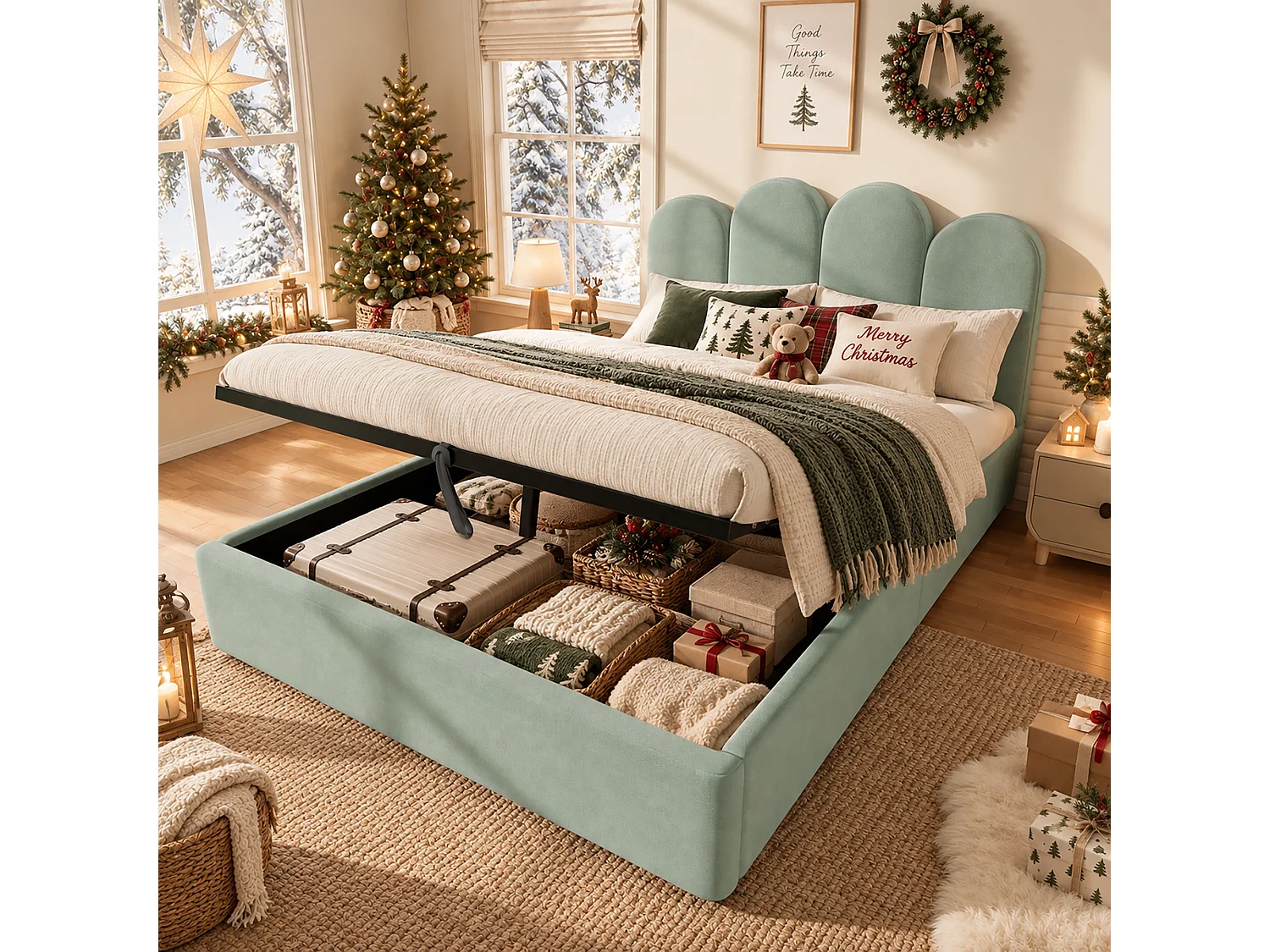 Lit coffre pour enfants 140x200cm - espace de rangement de grande capacité - avec sommier à lattes - tissu velours - vert clair (sans matelas)