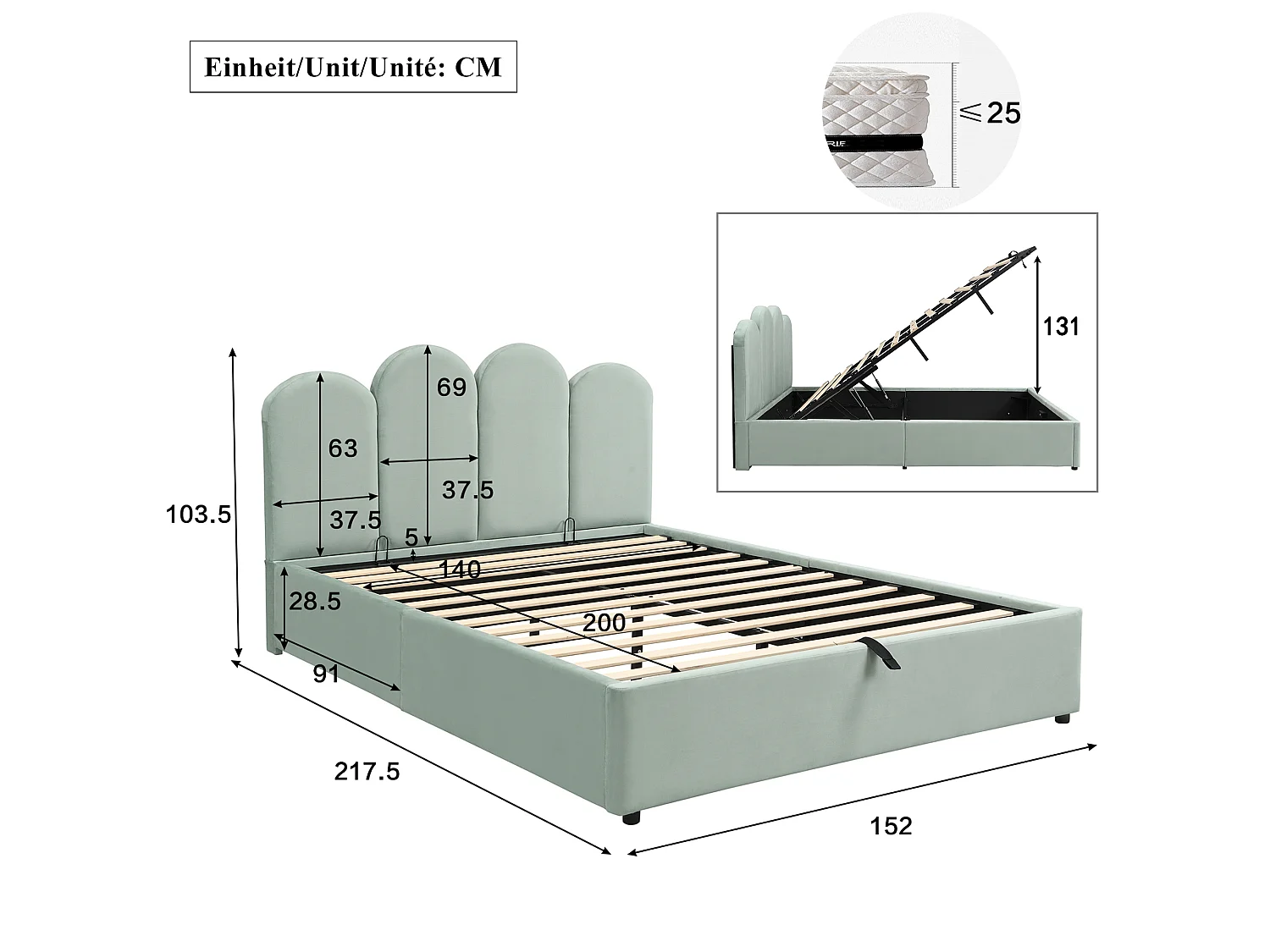 Lit coffre pour enfants 140x200cm - espace de rangement de grande capacité - avec sommier à lattes - tissu velours - vert clair (sans matelas)