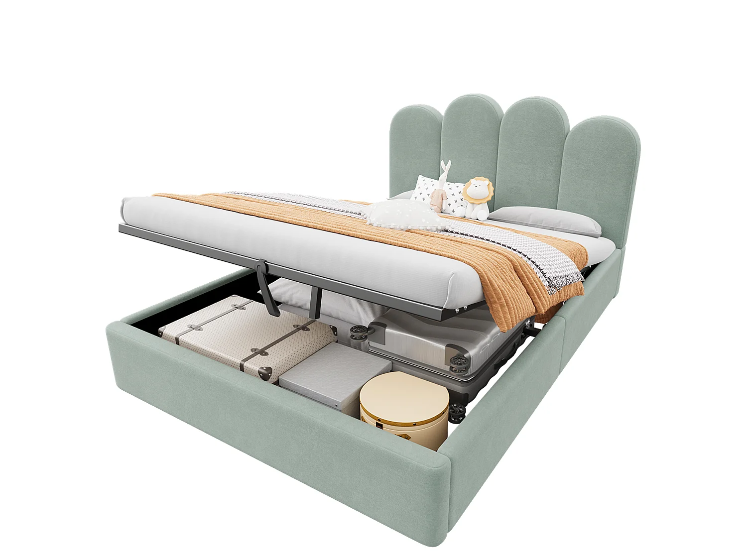 Lit coffre pour enfants 140x200cm - espace de rangement de grande capacité - avec sommier à lattes - tissu velours - vert clair (sans matelas)
