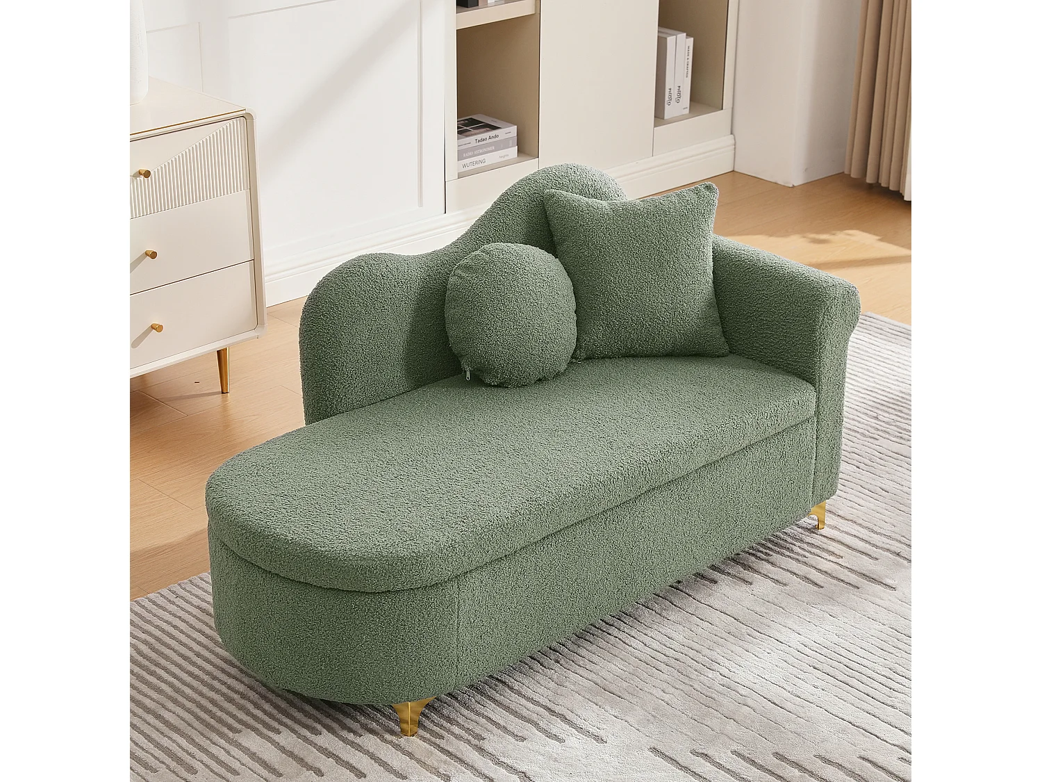 Divano 1 posto - Meridiana contenitore 134 cm - Schienale ondulato - Tessuto effetto lana d'agnello - Verde