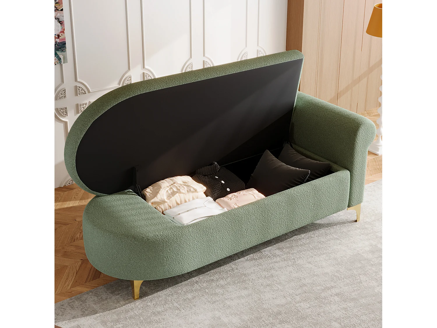 Divano 1 posto - Meridiana contenitore 134 cm - Schienale ondulato - Tessuto effetto lana d'agnello - Verde