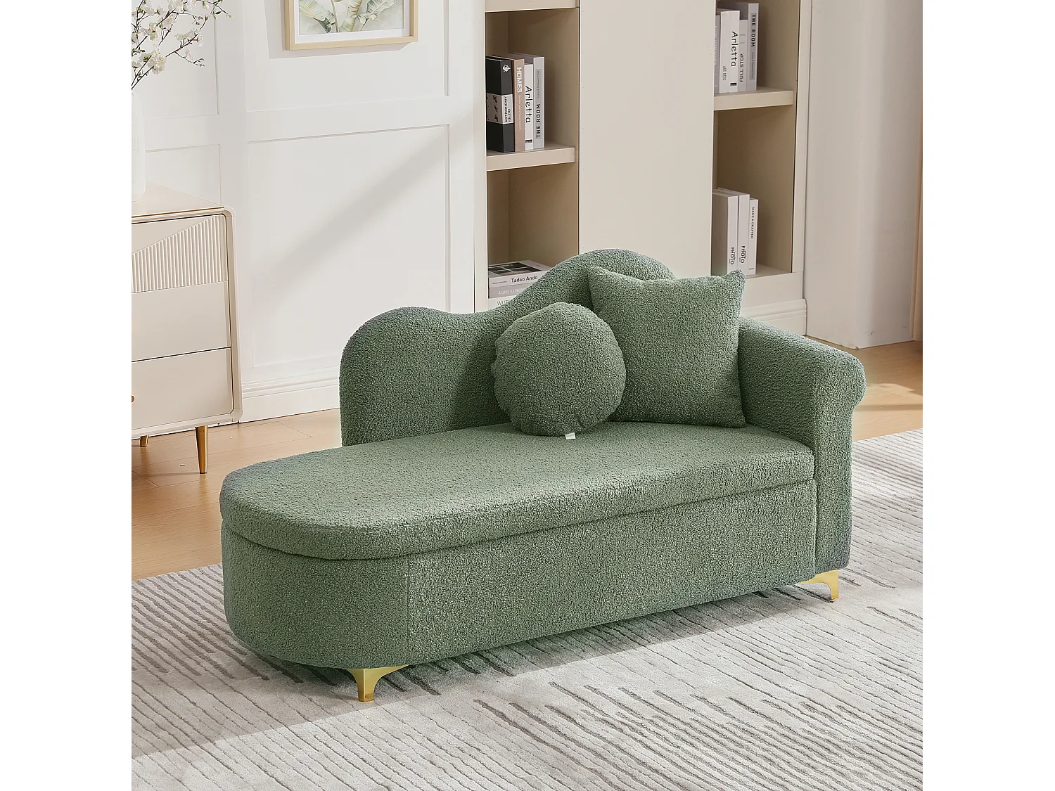 Divano 1 posto - Meridiana contenitore 134 cm - Schienale ondulato - Tessuto effetto lana d'agnello - Verde