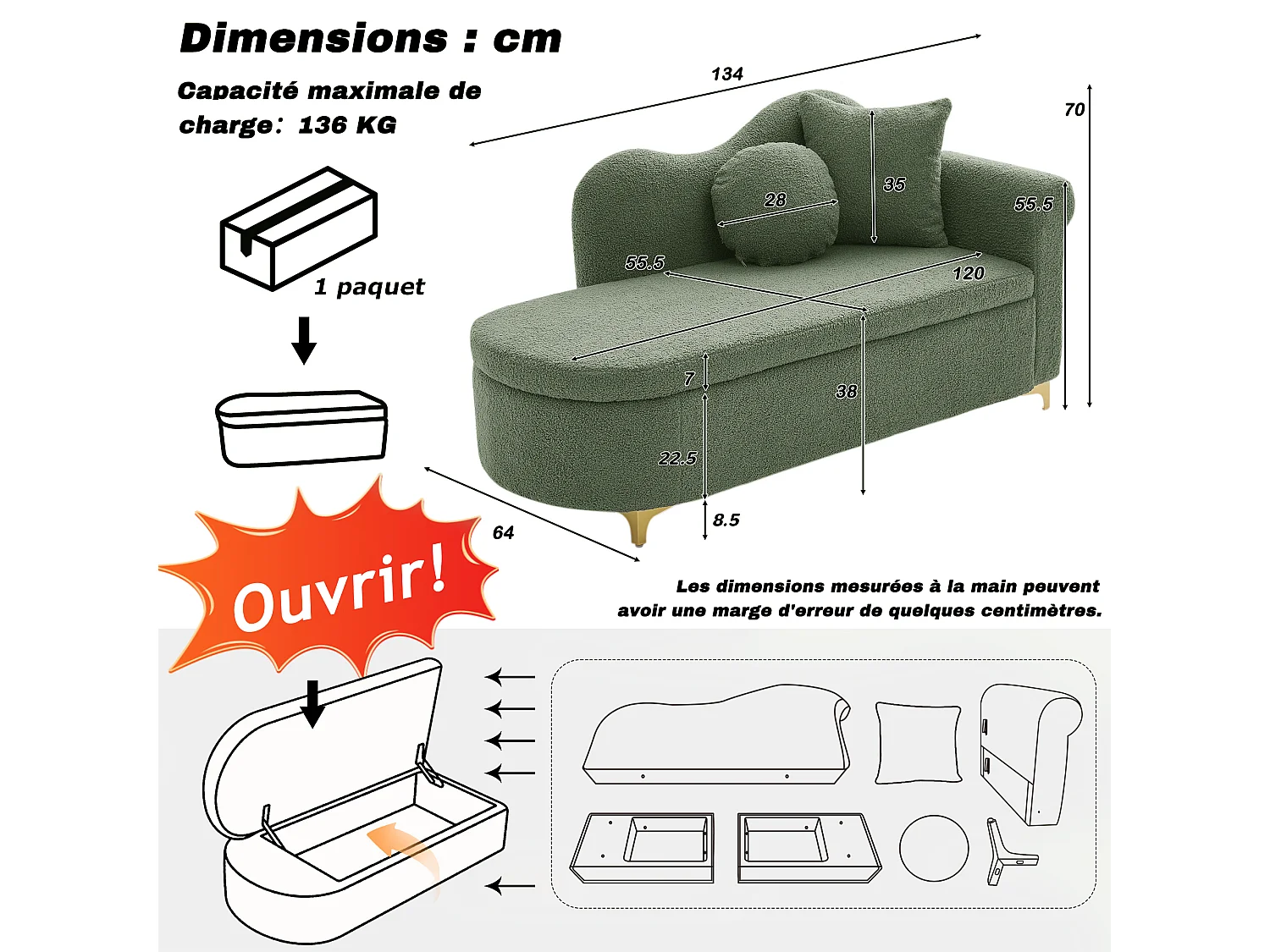 Divano 1 posto - Meridiana contenitore 134 cm - Schienale ondulato - Tessuto effetto lana d'agnello - Verde