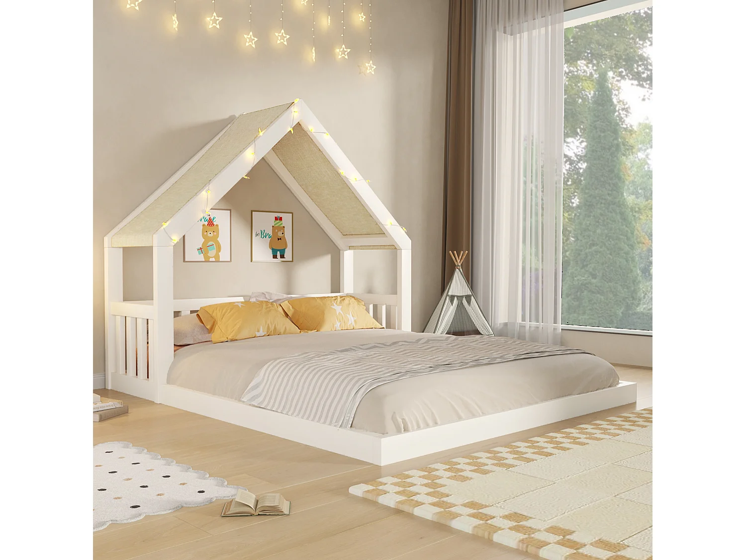 Lit cabane enfant en bois 140 x 200 cm - Toit en tissu et guirlande lumineuse inclus - MDF et pin - Blanc (matelas non inclus)