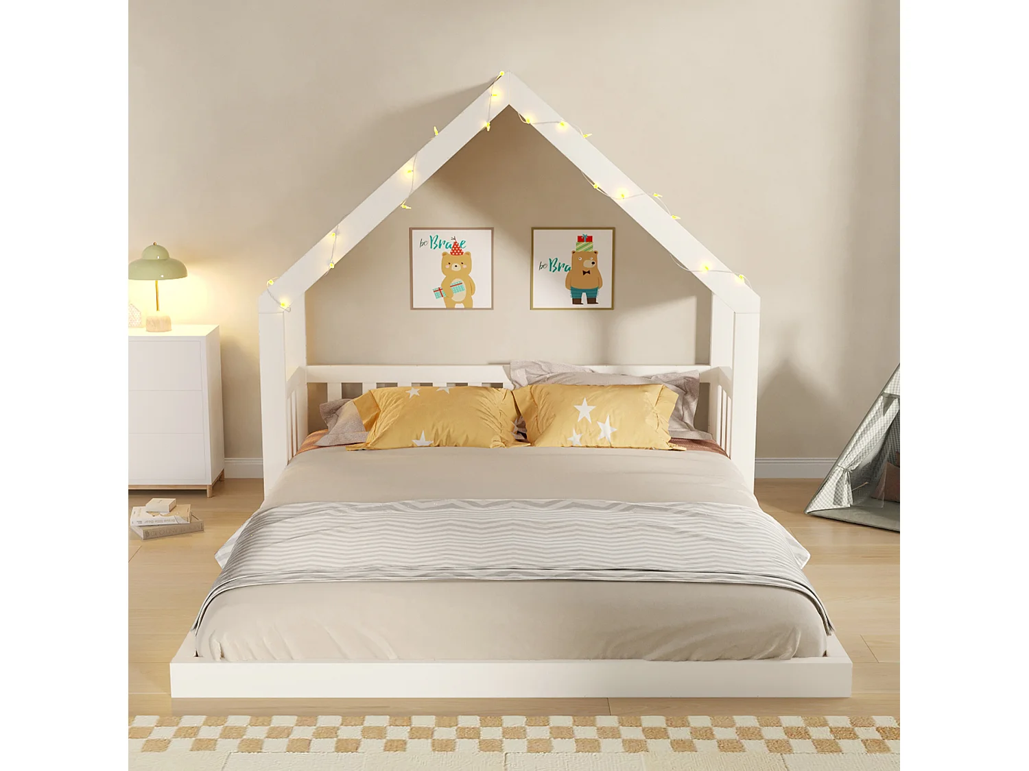 Lit cabane enfant en bois 140 x 200 cm - Toit en tissu et guirlande lumineuse inclus - MDF et pin - Blanc (matelas non inclus)