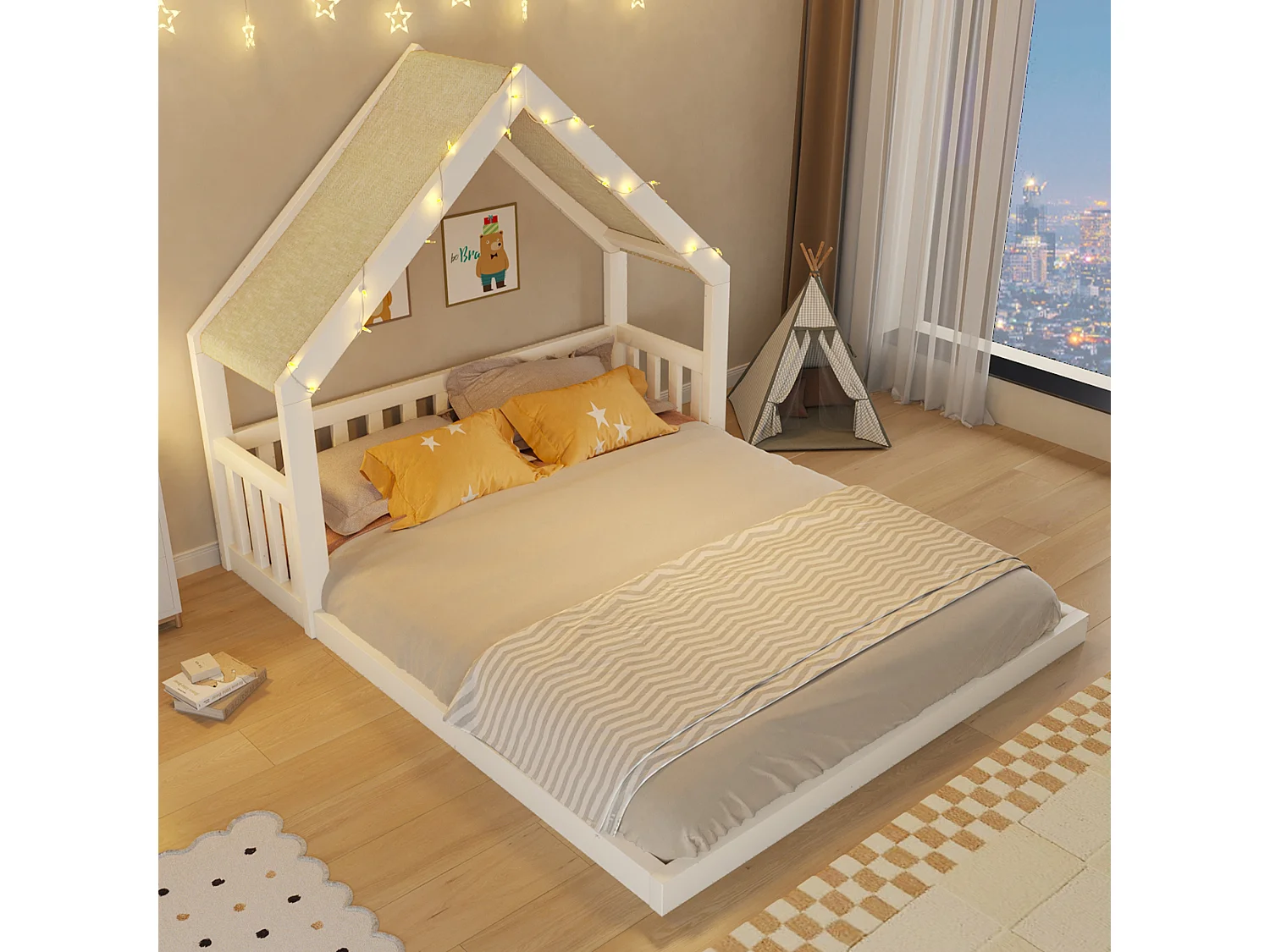 Lit cabane enfant en bois 140 x 200 cm - Toit en tissu et guirlande lumineuse inclus - MDF et pin - Blanc (matelas non inclus)