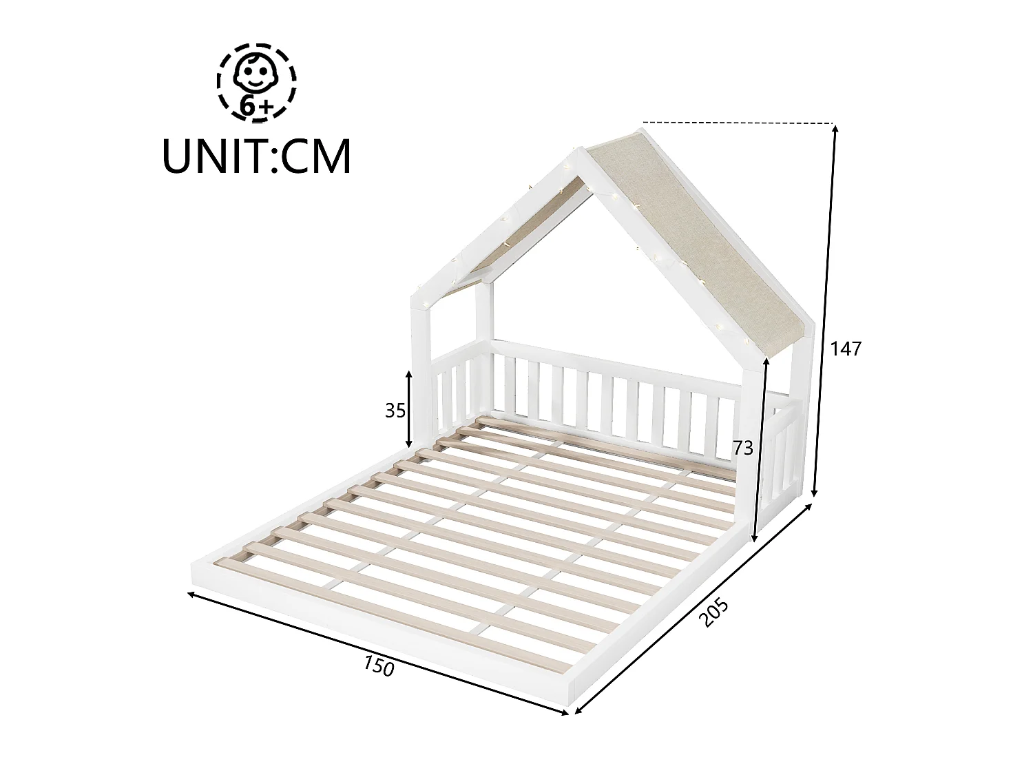 Lit cabane enfant en bois 140 x 200 cm - Toit en tissu et guirlande lumineuse inclus - MDF et pin - Blanc (matelas non inclus)