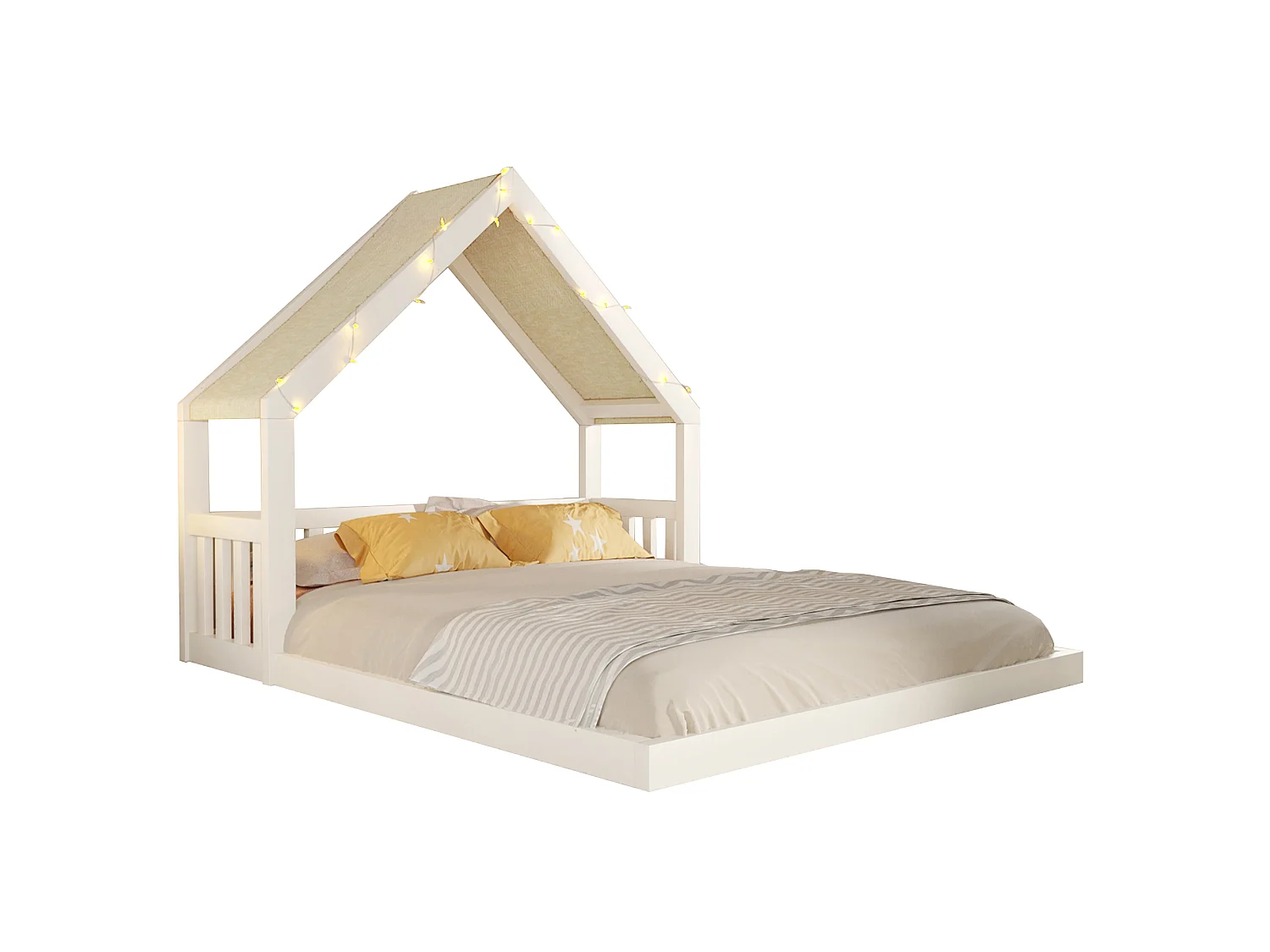 Lit cabane enfant en bois 140 x 200 cm - Toit en tissu et guirlande lumineuse inclus - MDF et pin - Blanc (matelas non inclus)