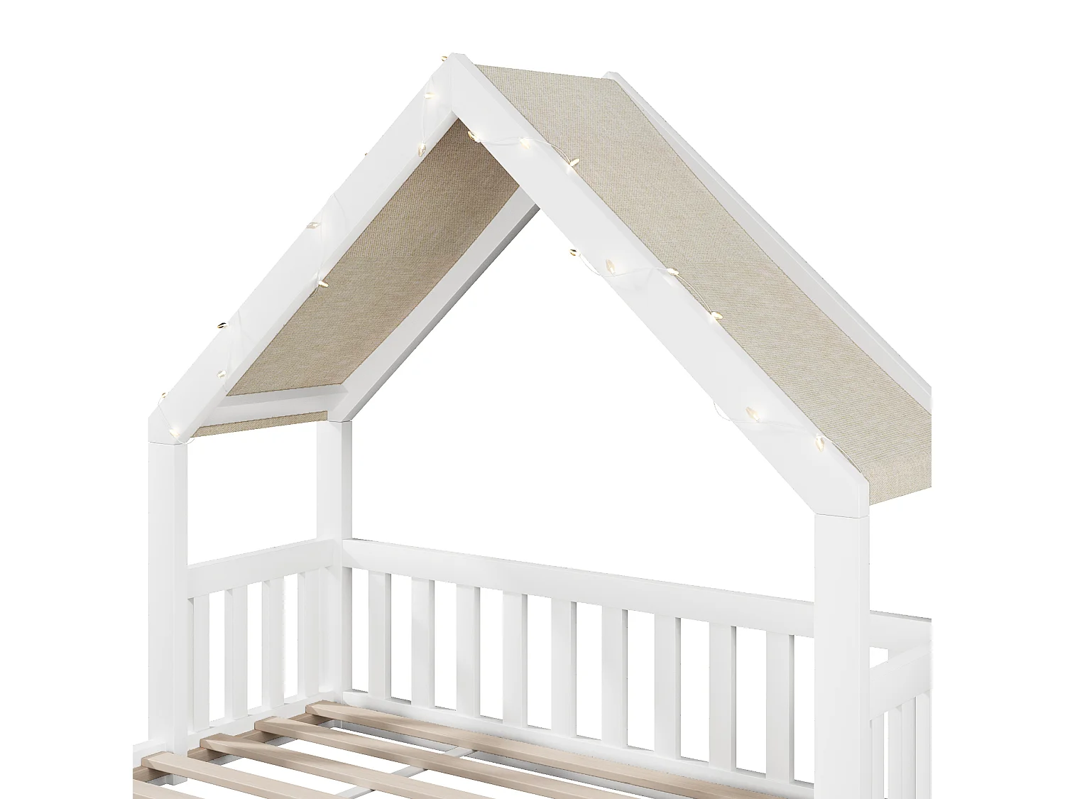 Lit cabane enfant en bois 140 x 200 cm - Toit en tissu et guirlande lumineuse inclus - MDF et pin - Blanc (matelas non inclus)