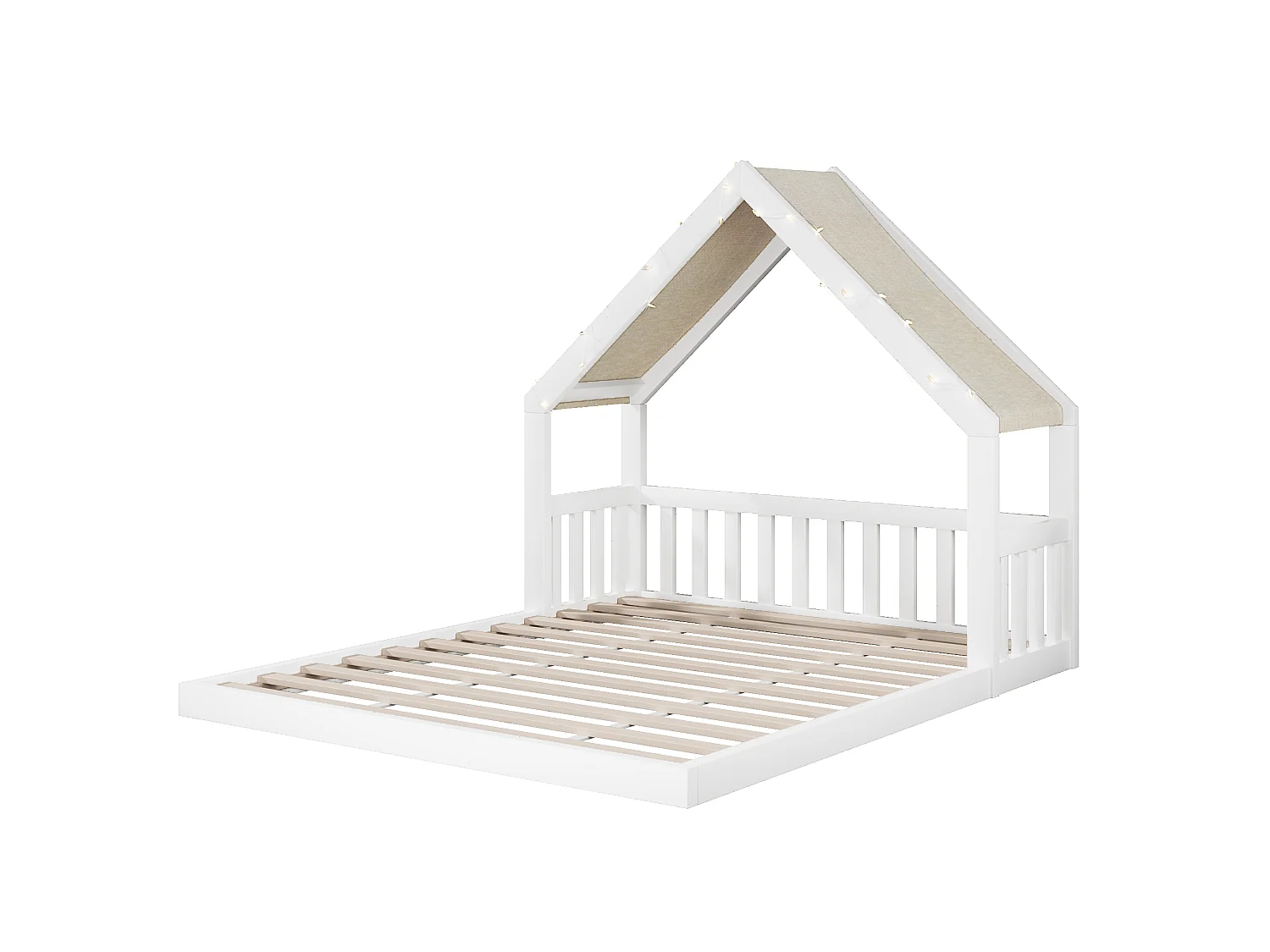 Lit cabane enfant en bois 140 x 200 cm - Toit en tissu et guirlande lumineuse inclus - MDF et pin - Blanc (matelas non inclus)