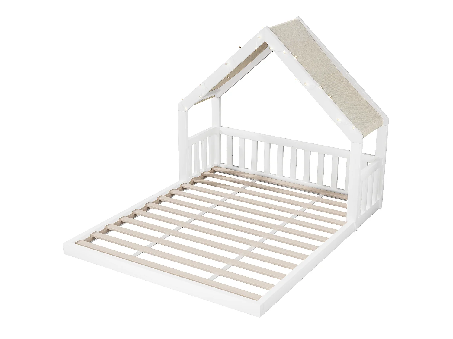 Lit cabane enfant en bois 140 x 200 cm - Toit en tissu et guirlande lumineuse inclus - MDF et pin - Blanc (matelas non inclus)