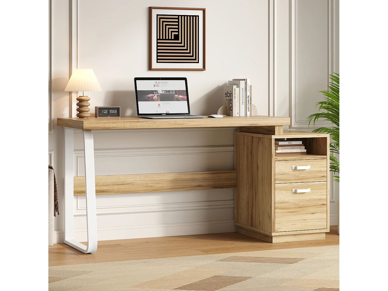 Biurko nowoczesne 161 x 54 x 76,4 cm - Z 2 szufladami i otwartymi półkami - Przestronny blat - MDF i stal - Naturalny