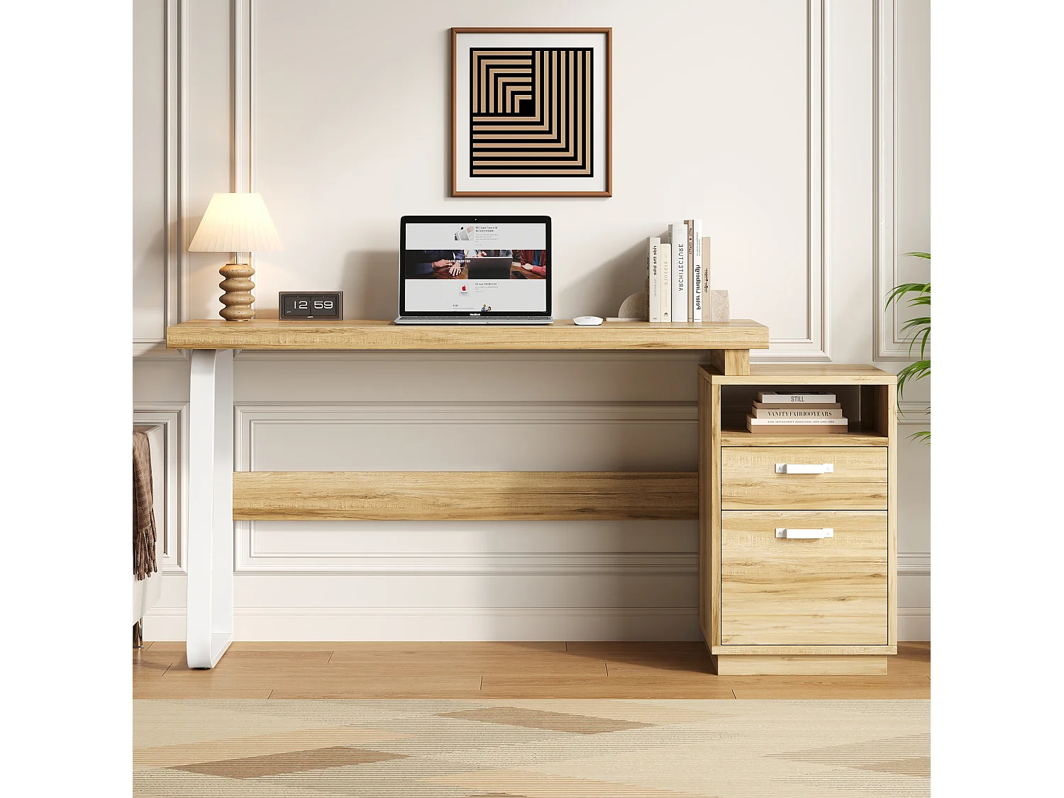 Biurko nowoczesne 161 x 54 x 76,4 cm - Z 2 szufladami i otwartymi półkami - Przestronny blat - MDF i stal - Naturalny