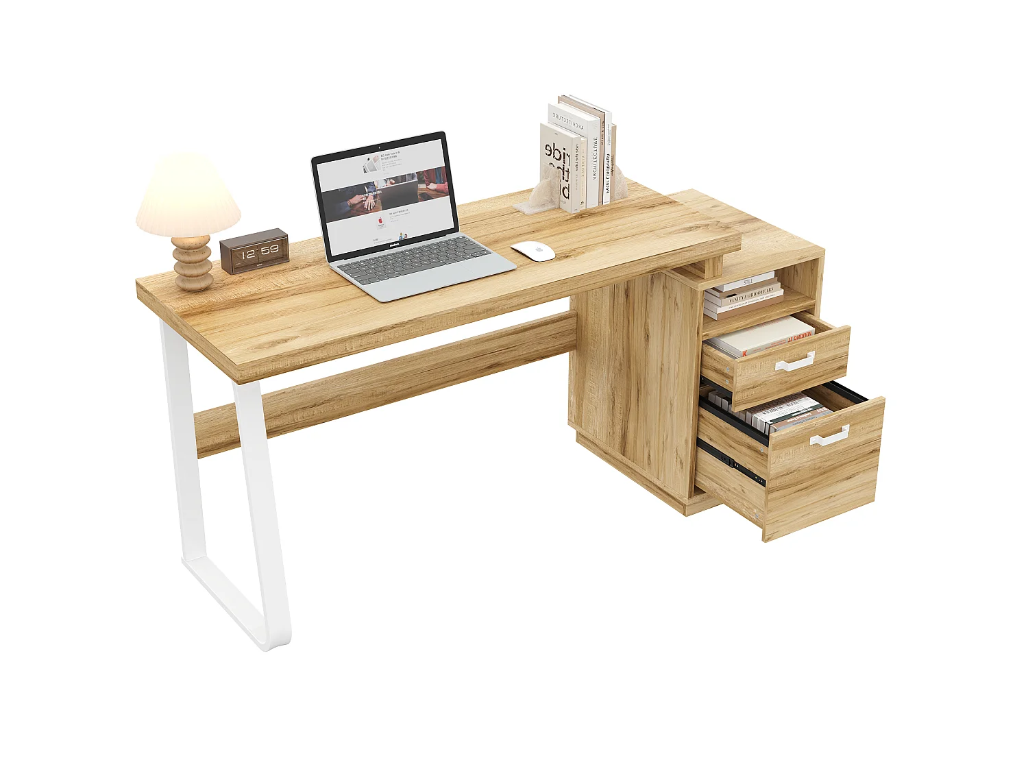 Biurko nowoczesne 161 x 54 x 76,4 cm - Z 2 szufladami i otwartymi półkami - Przestronny blat - MDF i stal - Naturalny
