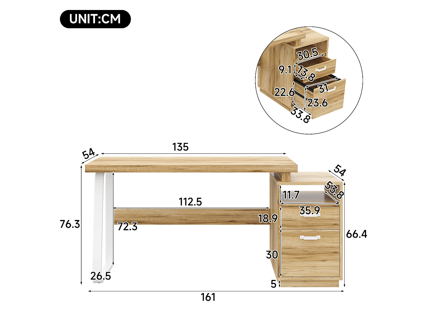 Biurko nowoczesne 161 x 54 x 76,4 cm - Z 2 szufladami i otwartymi półkami - Przestronny blat - MDF i stal - Naturalny