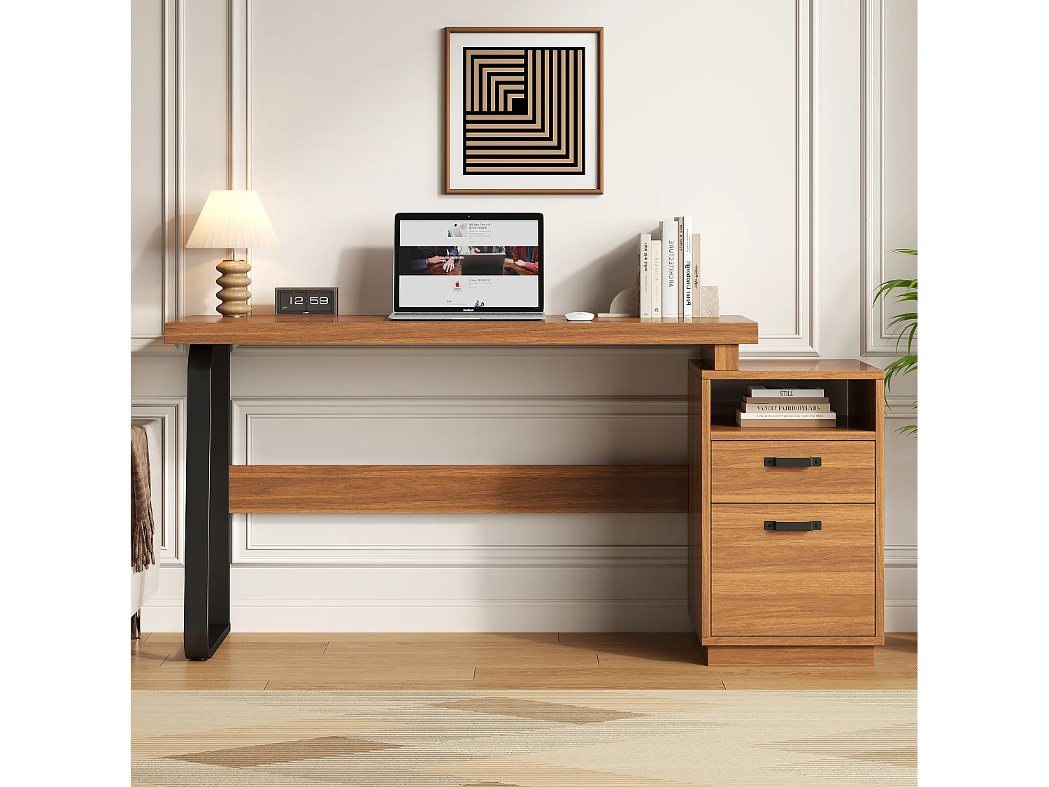 Bureau moderne 161 x 54 x 76,4 cm - Avec 2 tiroirs et étagères ouvertes - Plateau spacieux - MDF et acier - Marron