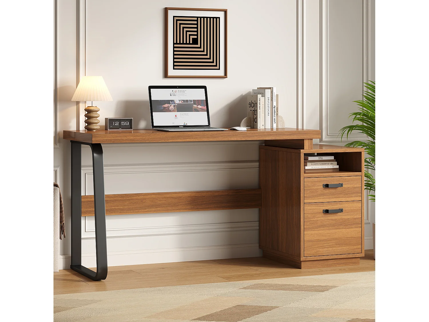 Bureau moderne 161 x 54 x 76,4 cm - Avec 2 tiroirs et étagères ouvertes - Plateau spacieux - MDF et acier - Marron