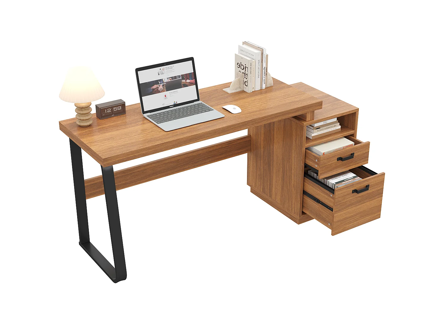 Bureau moderne 161 x 54 x 76,4 cm - Avec 2 tiroirs et étagères ouvertes - Plateau spacieux - MDF et acier - Marron