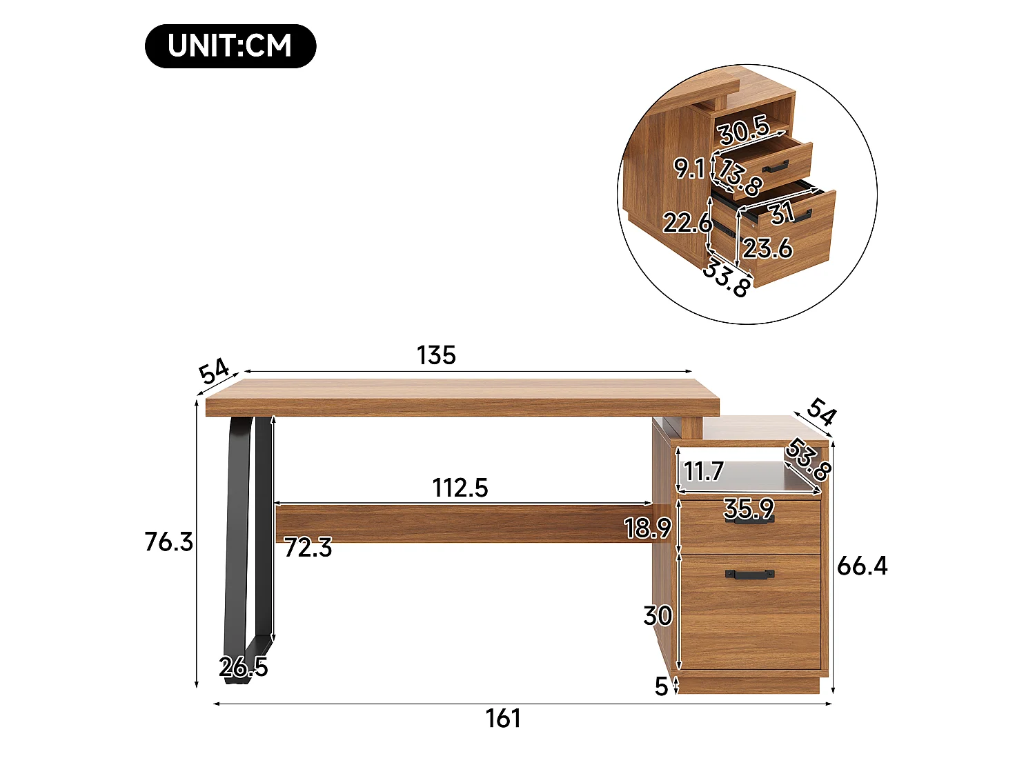 Bureau moderne 161 x 54 x 76,4 cm - Avec 2 tiroirs et étagères ouvertes - Plateau spacieux - MDF et acier - Marron