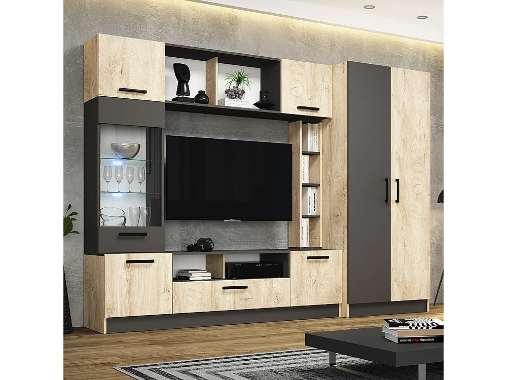 Parete attrezzata 260x190 cm con vetrina e LED rovere chiaro e grigio SG1