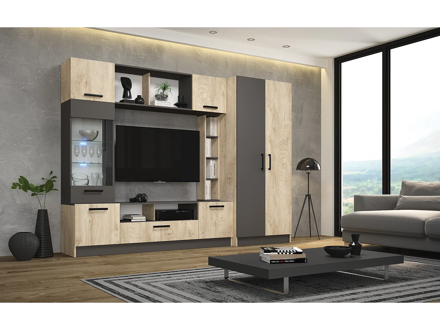 Parete attrezzata 260x190 cm con vetrina e LED rovere chiaro e grigio SG1